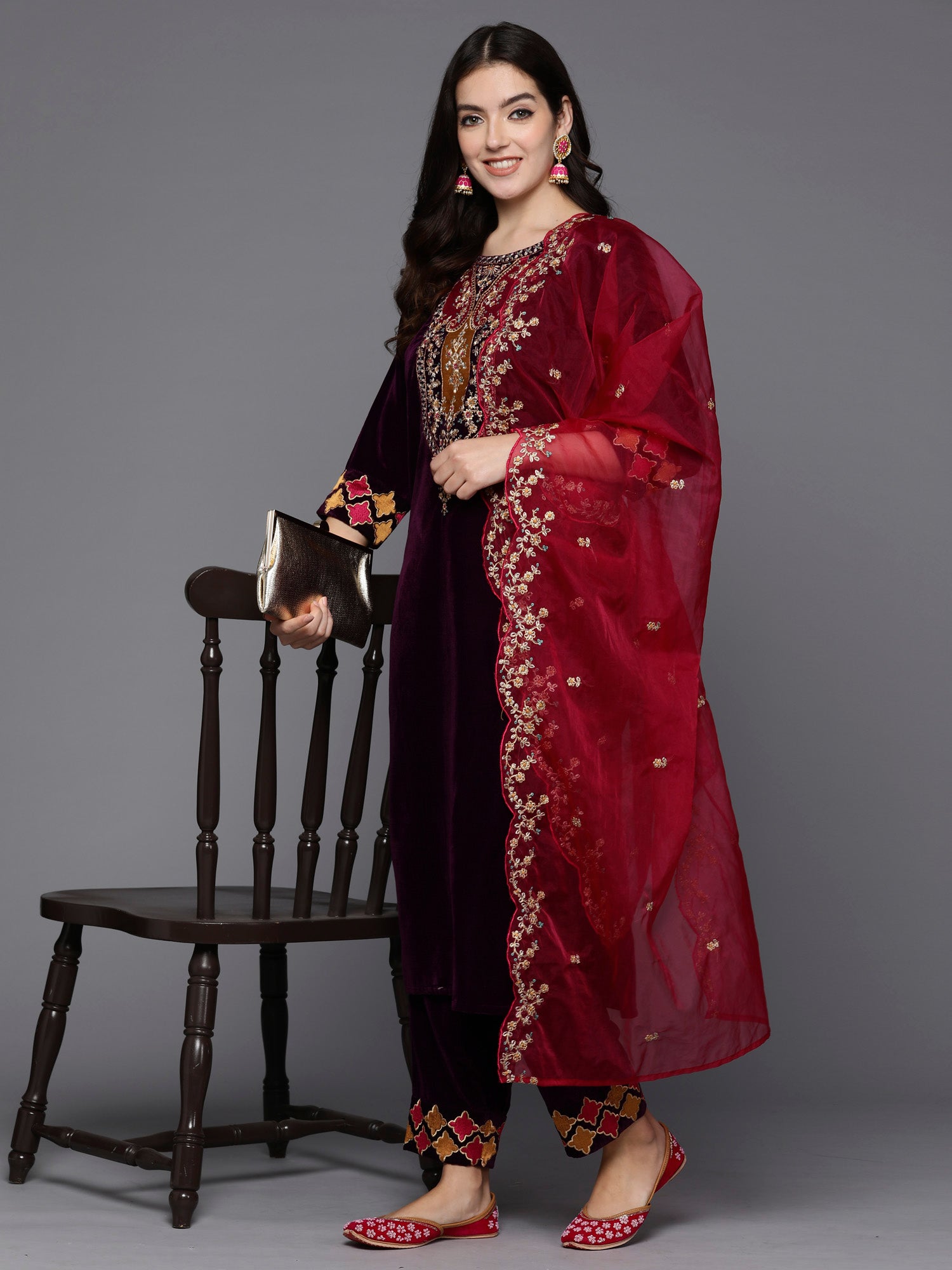 Burgundy Embroidered Straight Kurta Trousers With Dupatta Set
