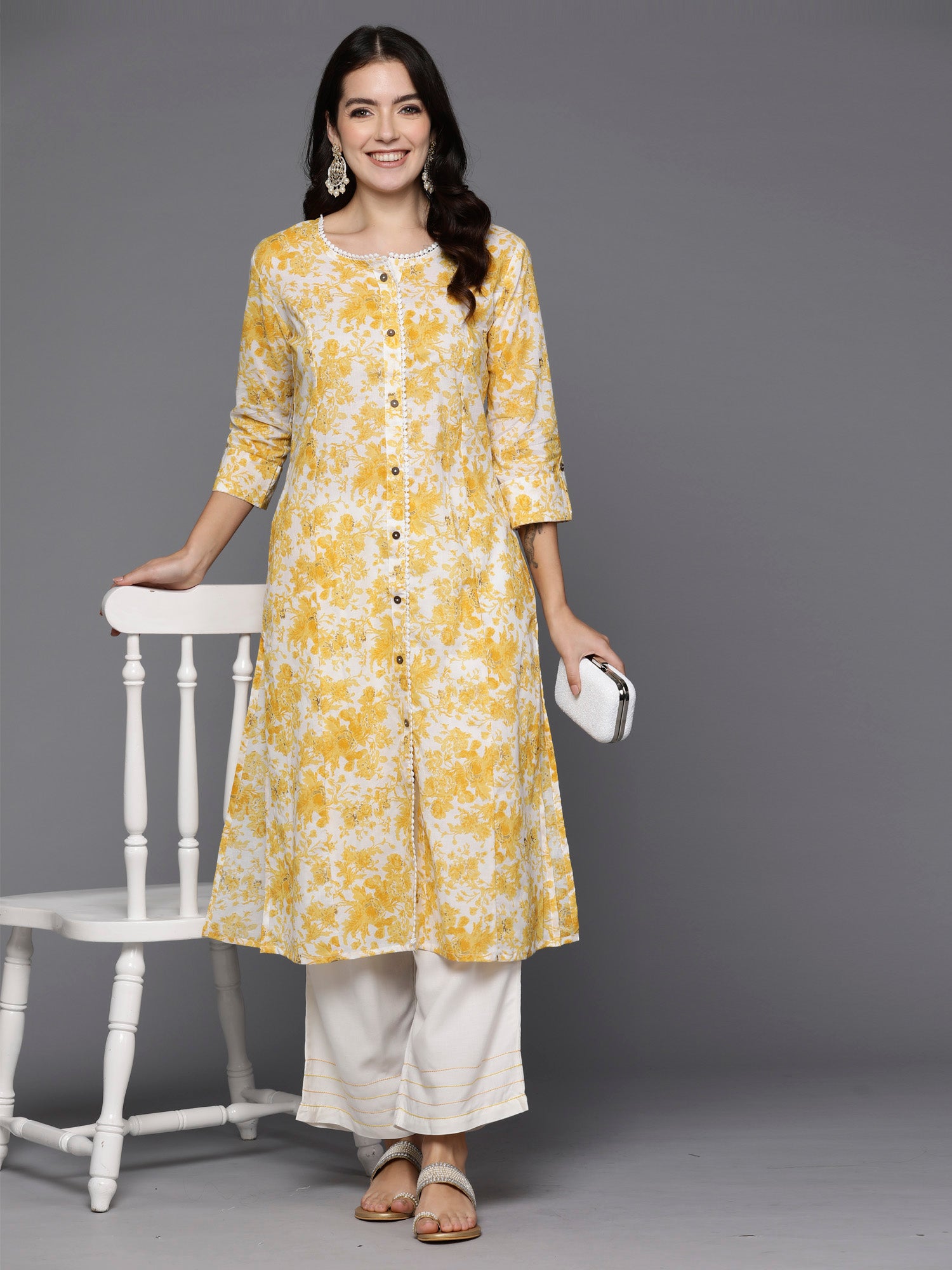 Yellow Printed A-Line Kurtas