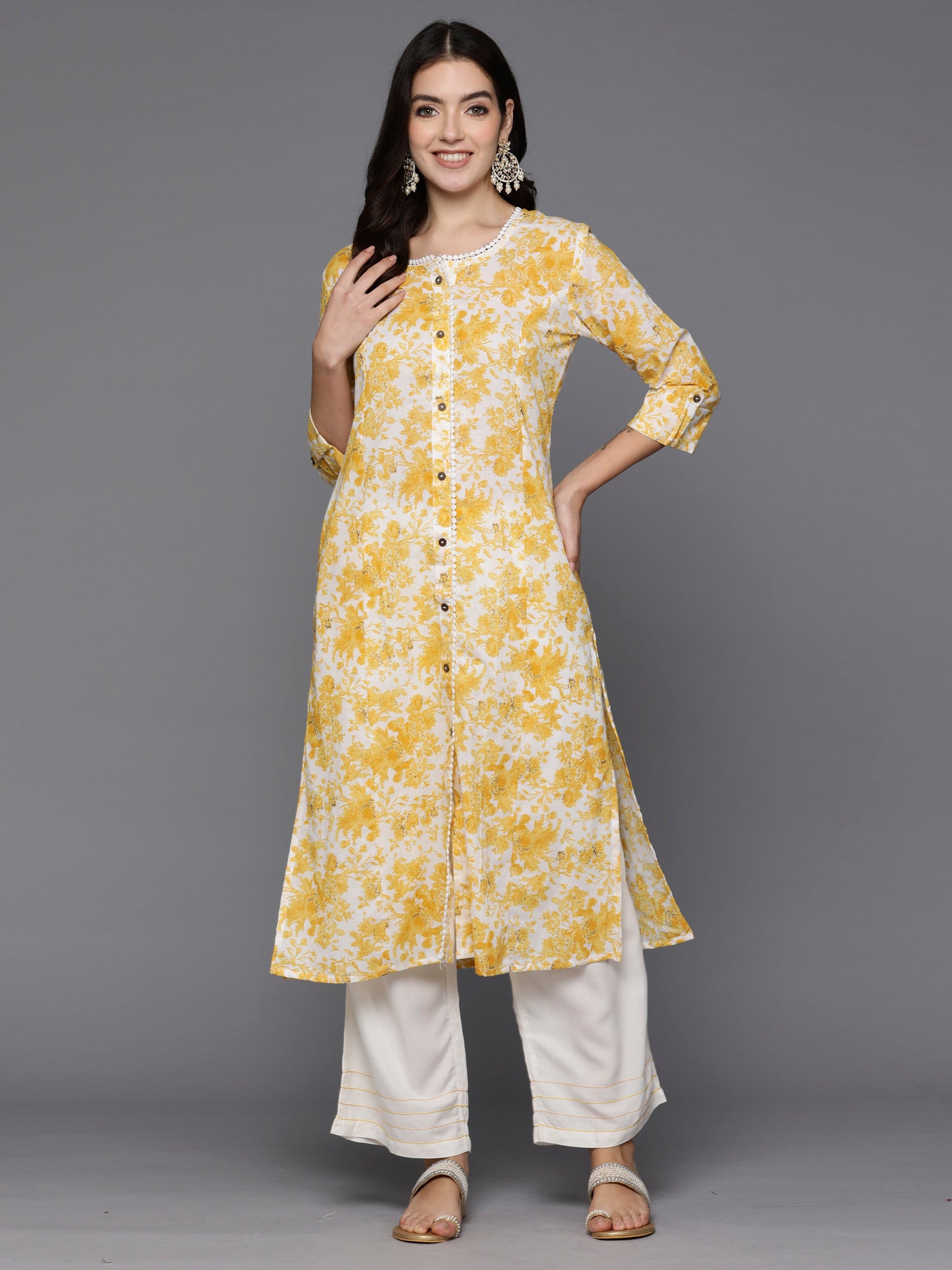 Yellow Printed A-Line Kurtas