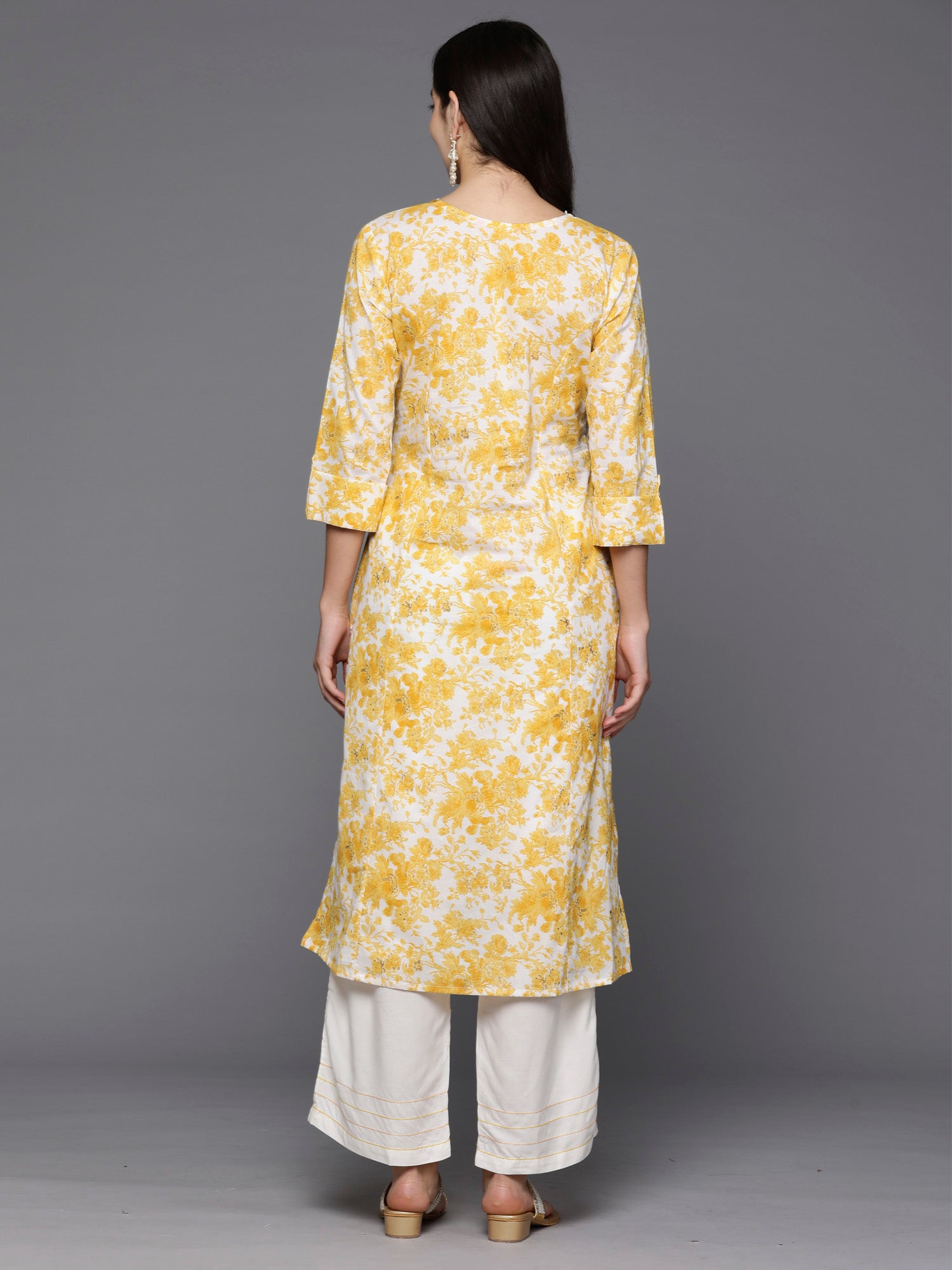 Yellow Printed A-Line Kurtas