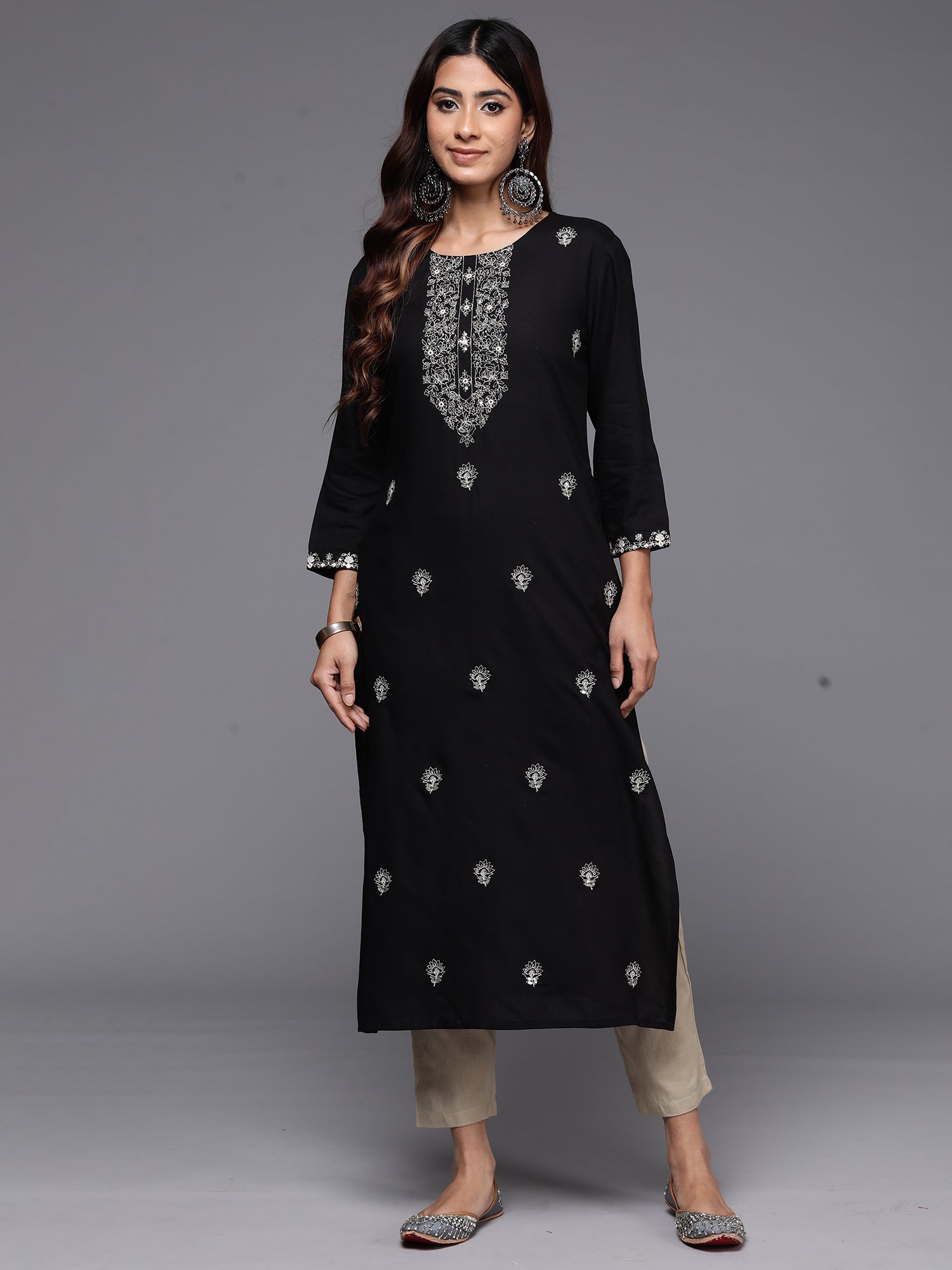 Black Embroidered Straight Kurtas