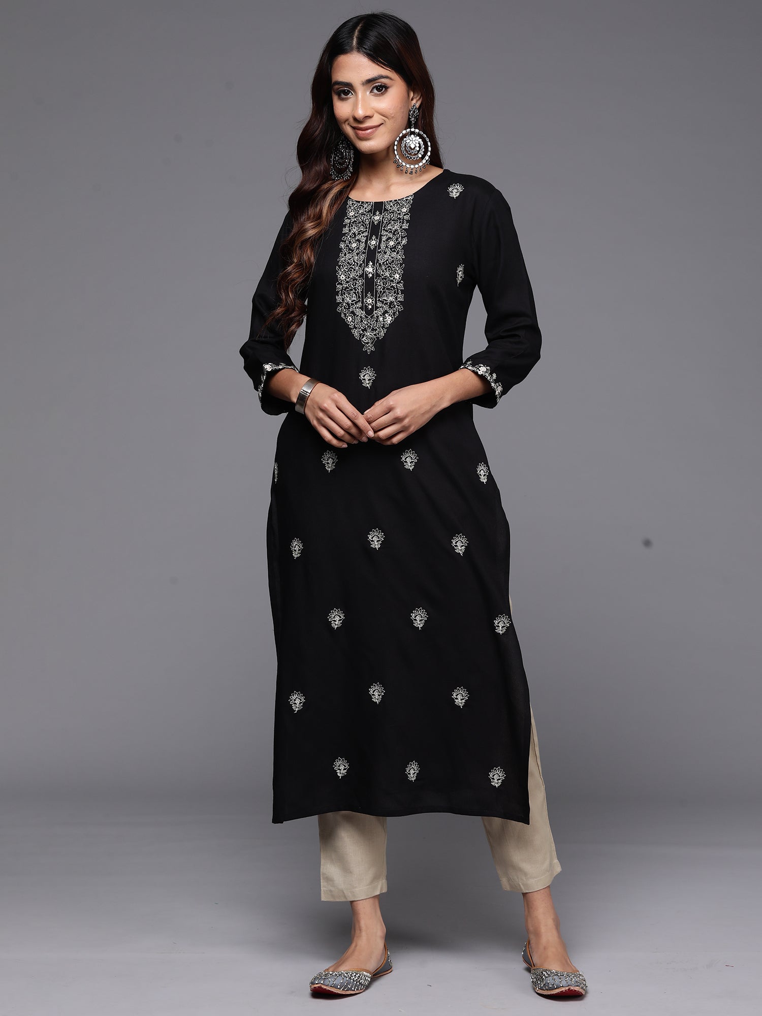 Black Embroidered Straight Kurtas