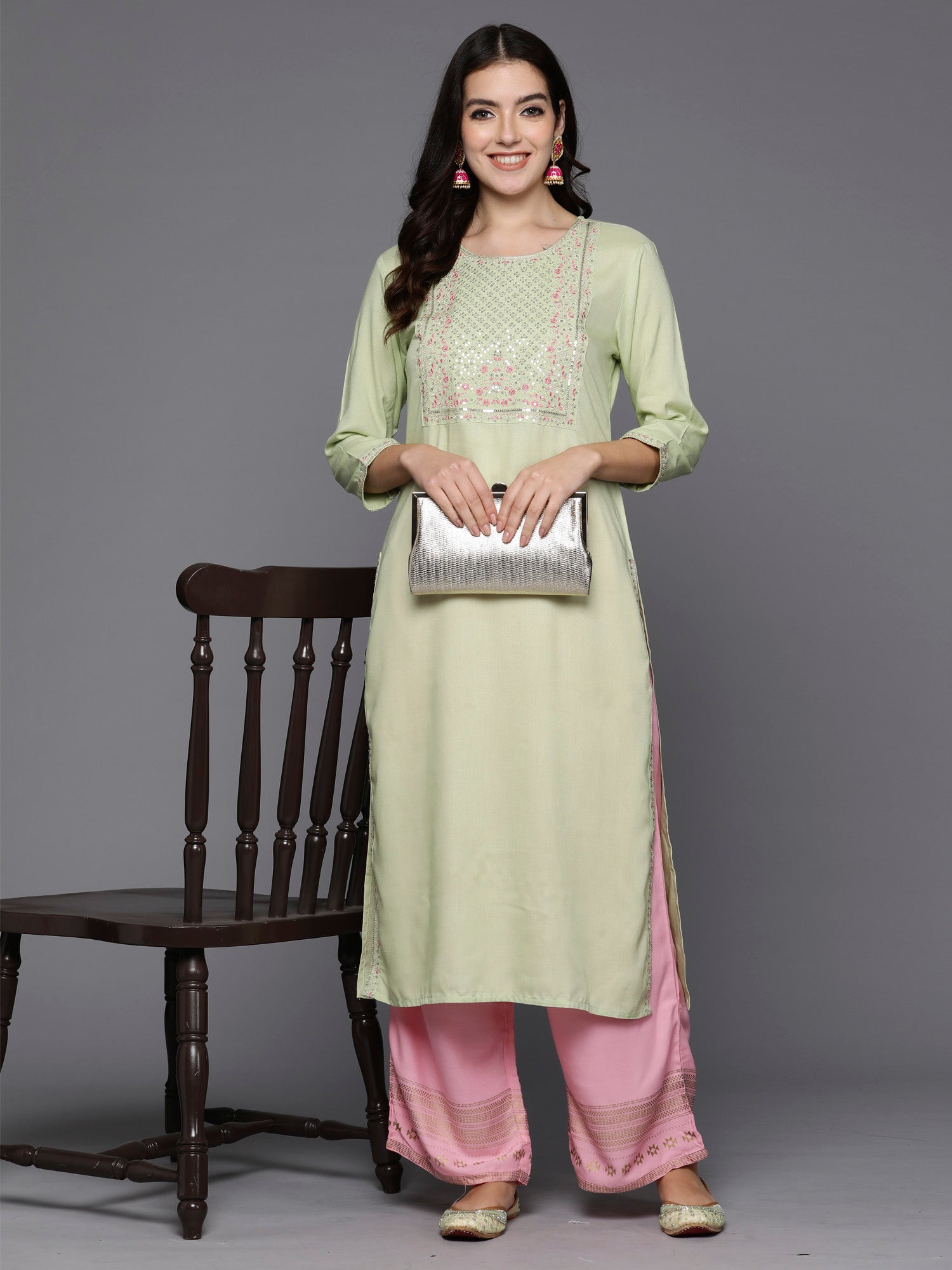 Green Embroidered Straight Kurtas