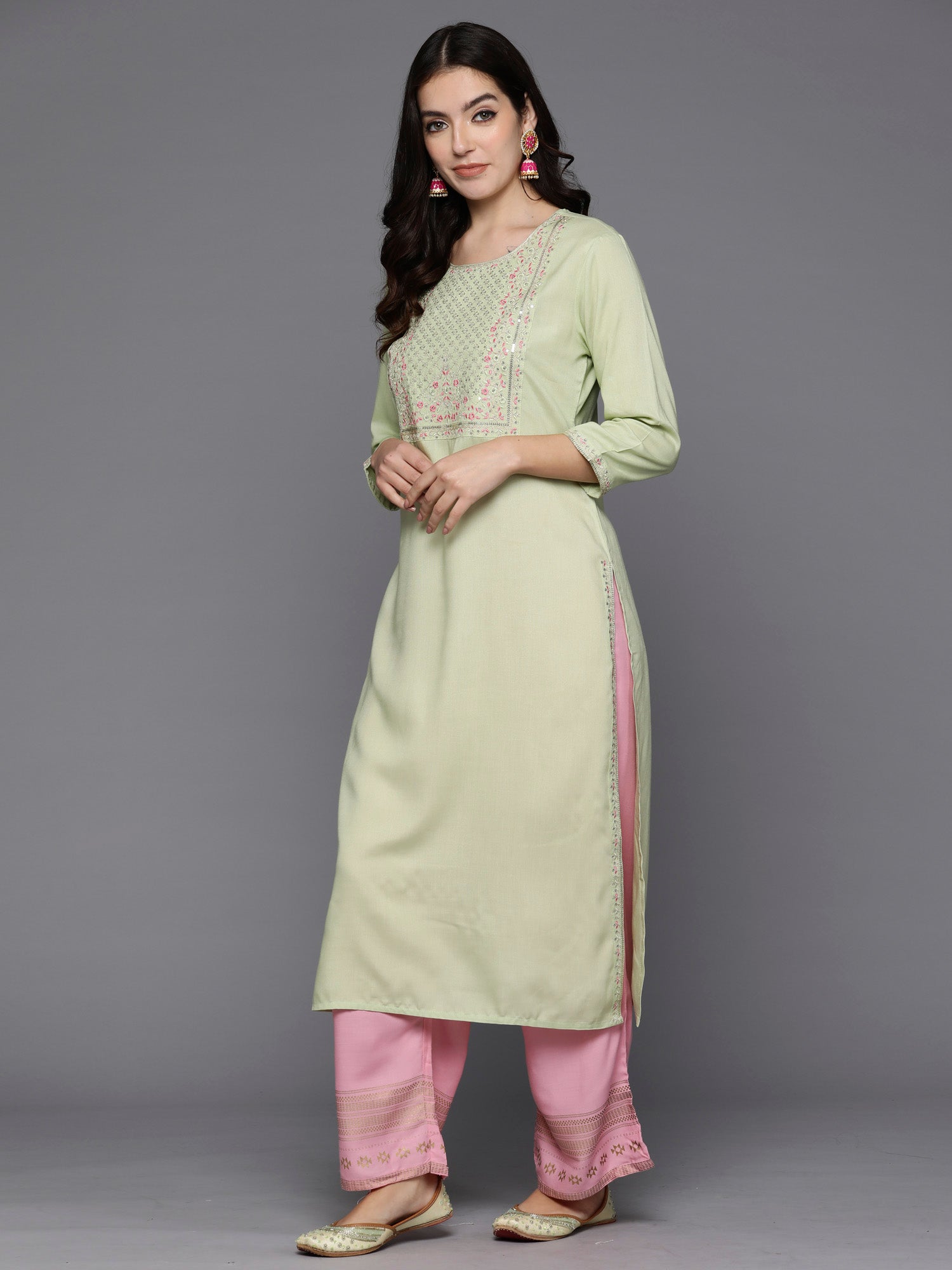 Green Embroidered Straight Kurtas