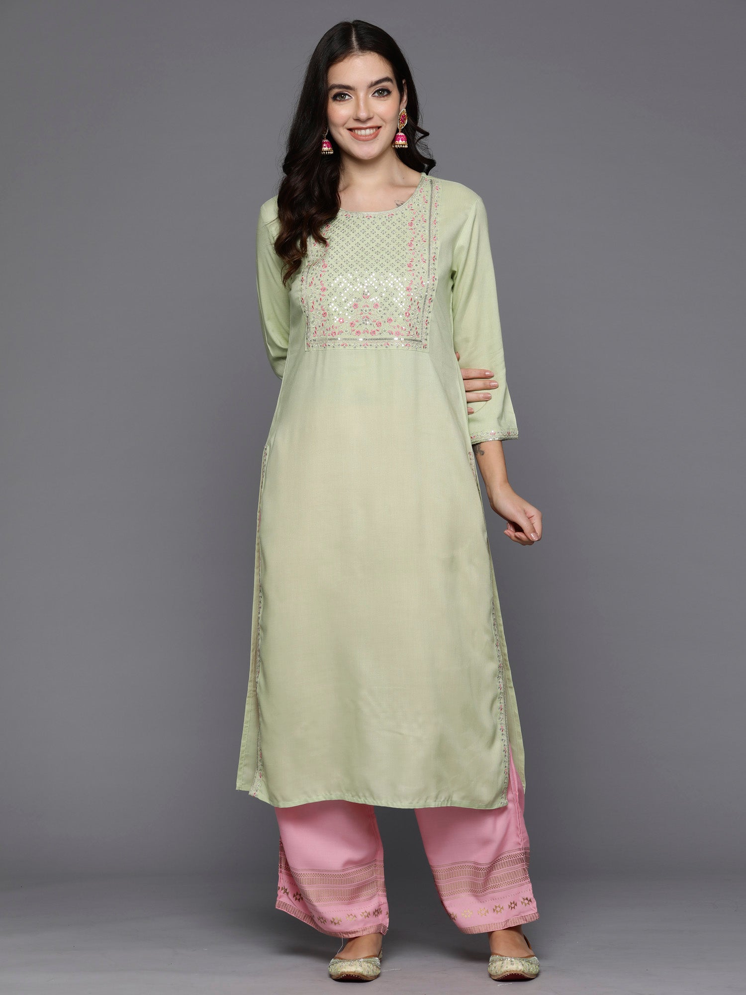 Green Embroidered Straight Kurtas