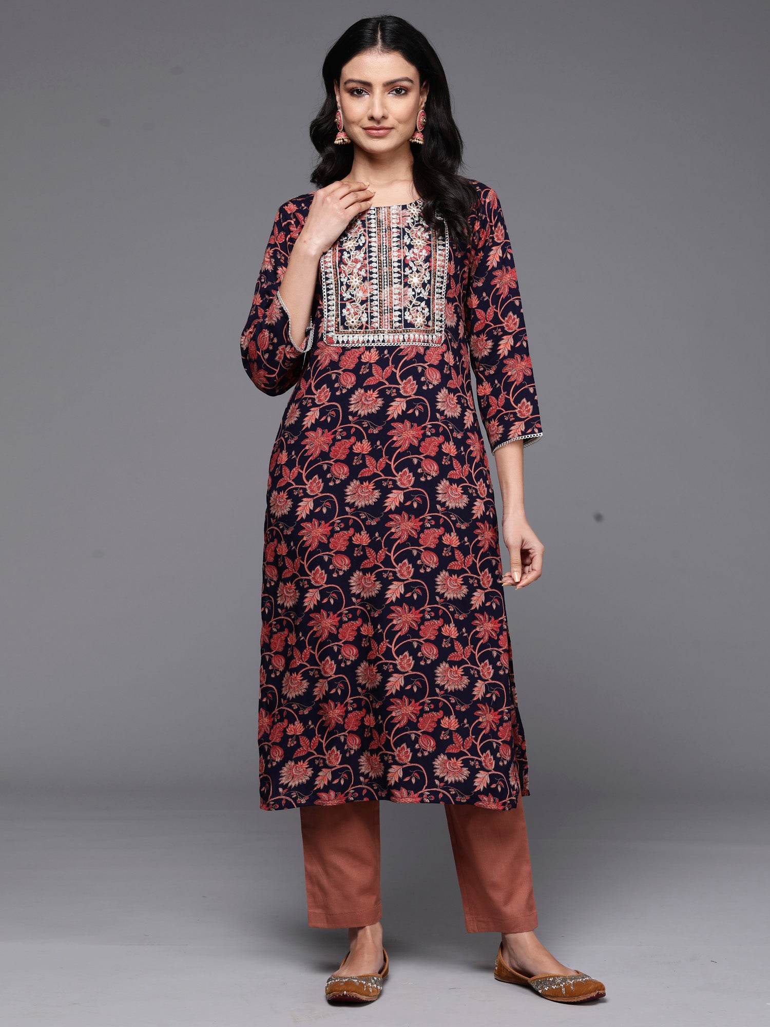 Navy Blue Printed Straight Kurtas