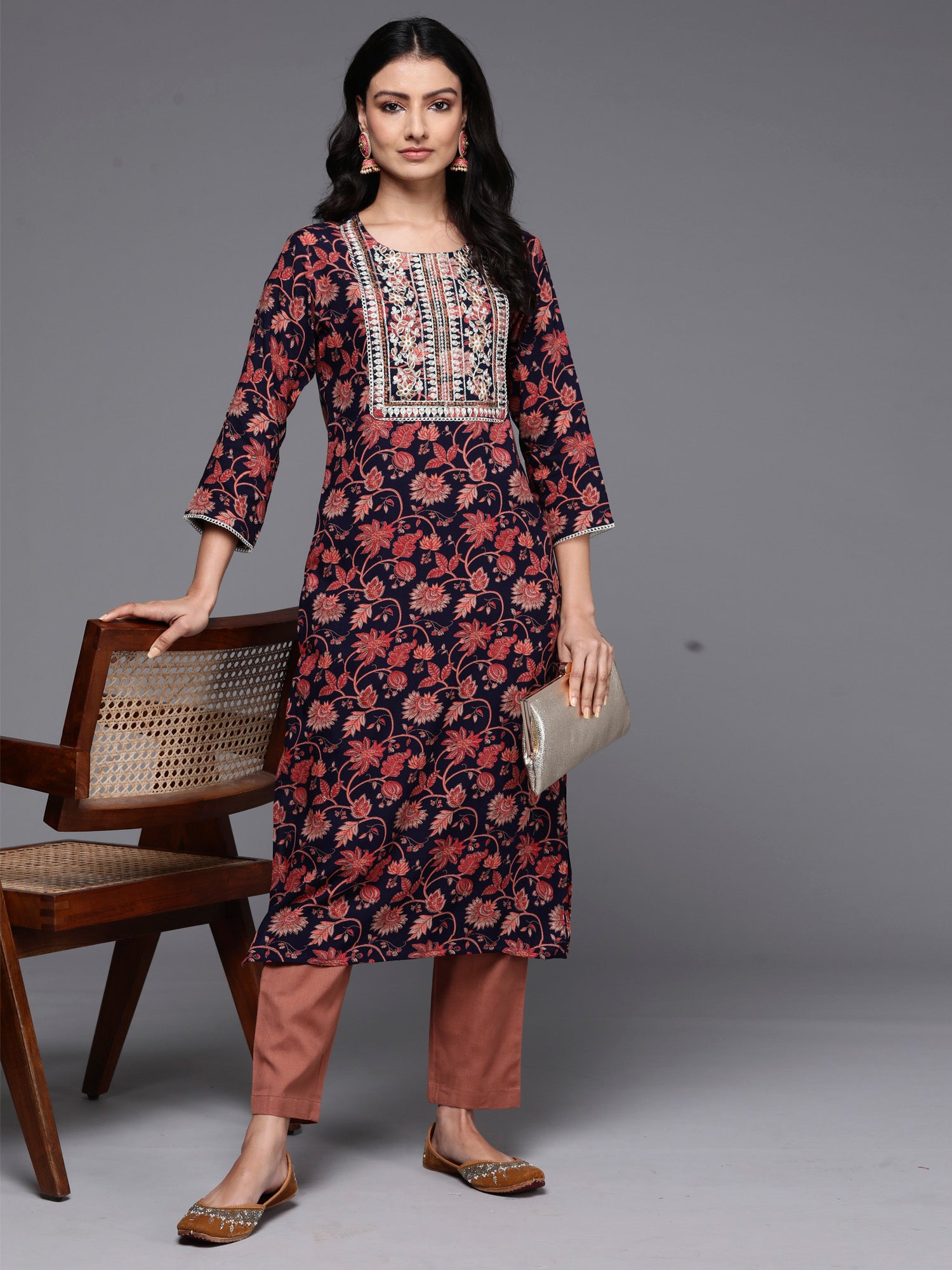 Navy Blue Printed Straight Kurtas