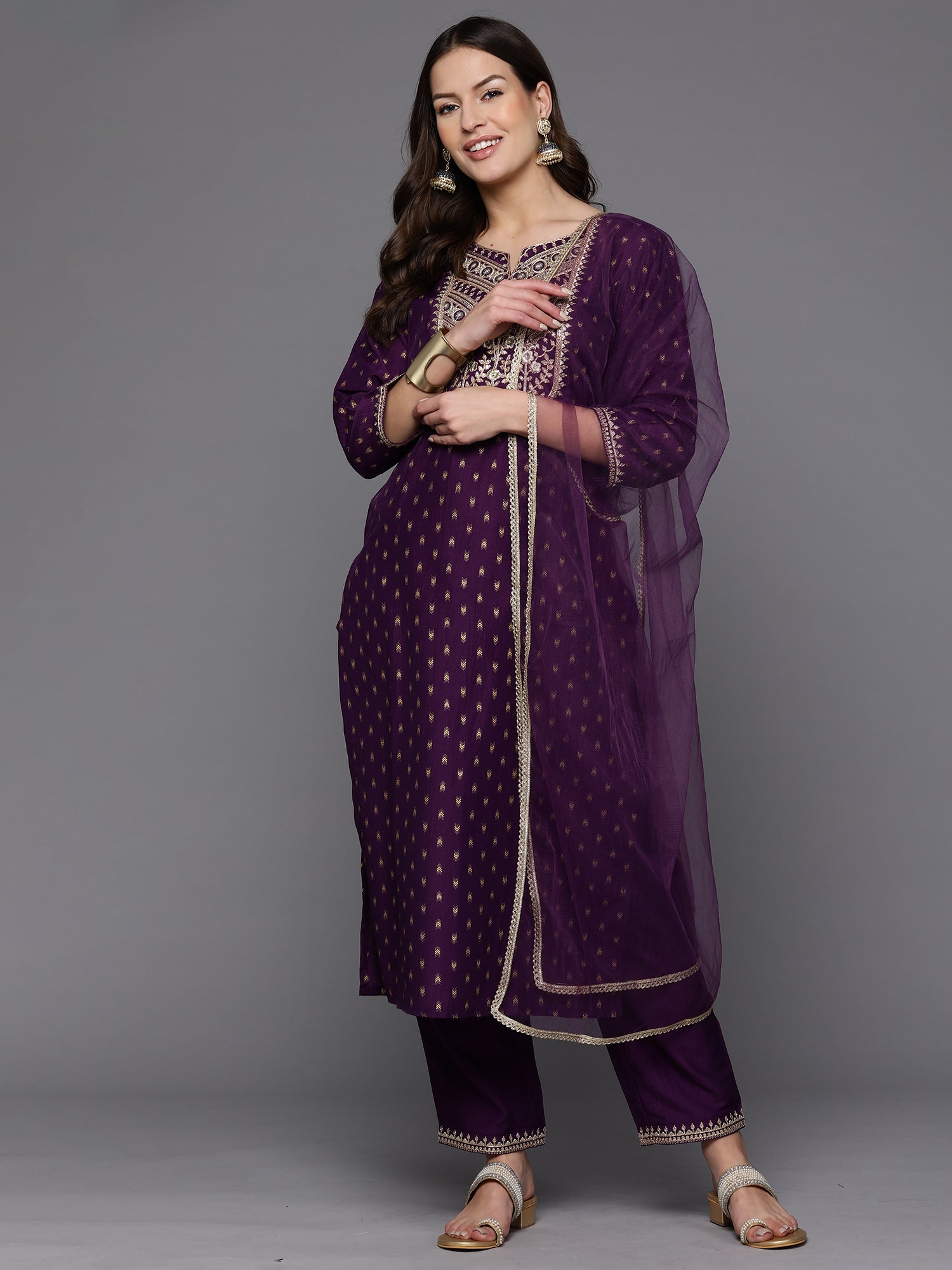 Purple Embroidered Straight Kurta Trousers With Dupatta set