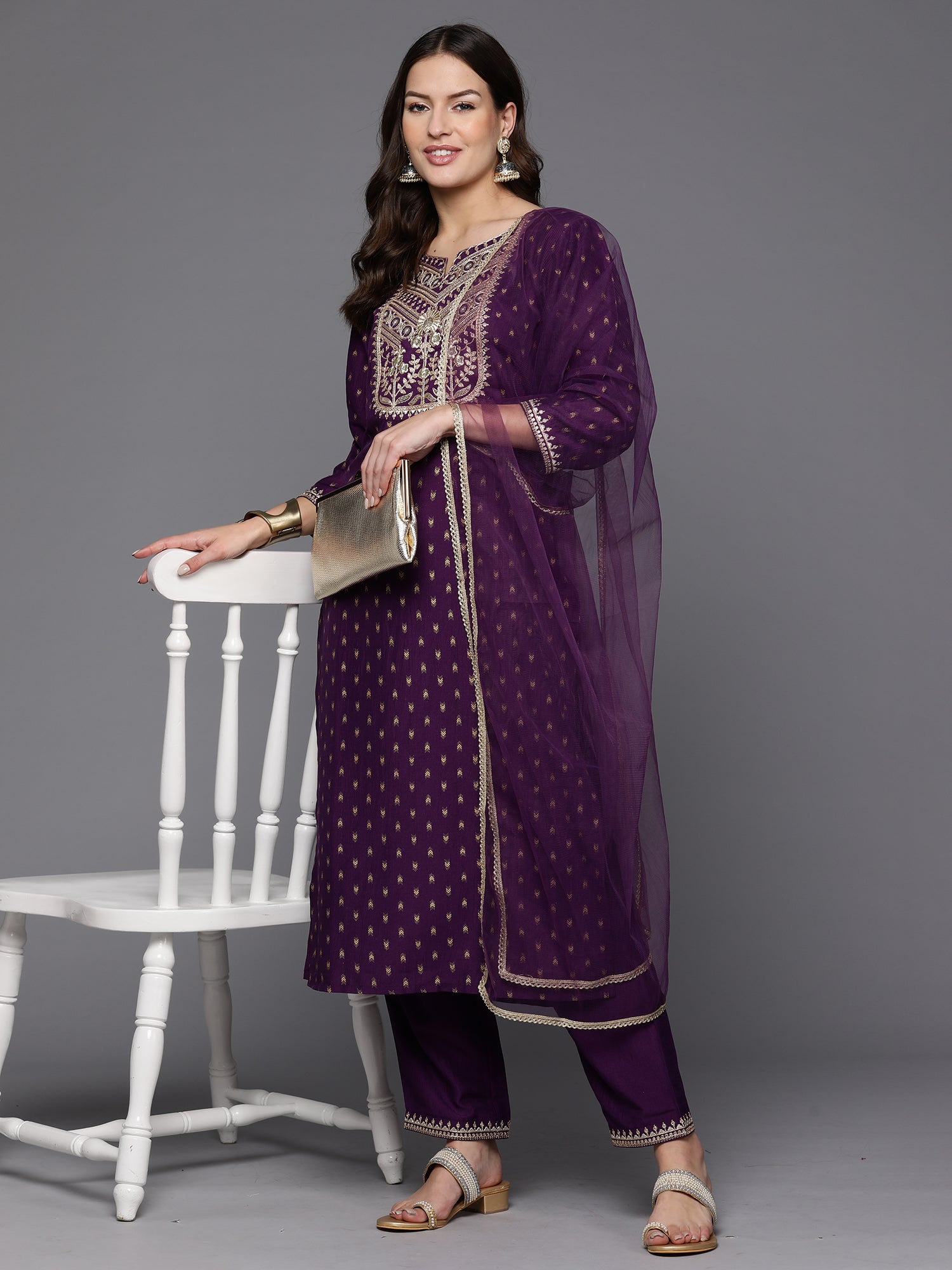 Purple Embroidered Straight Kurta Trousers With Dupatta set