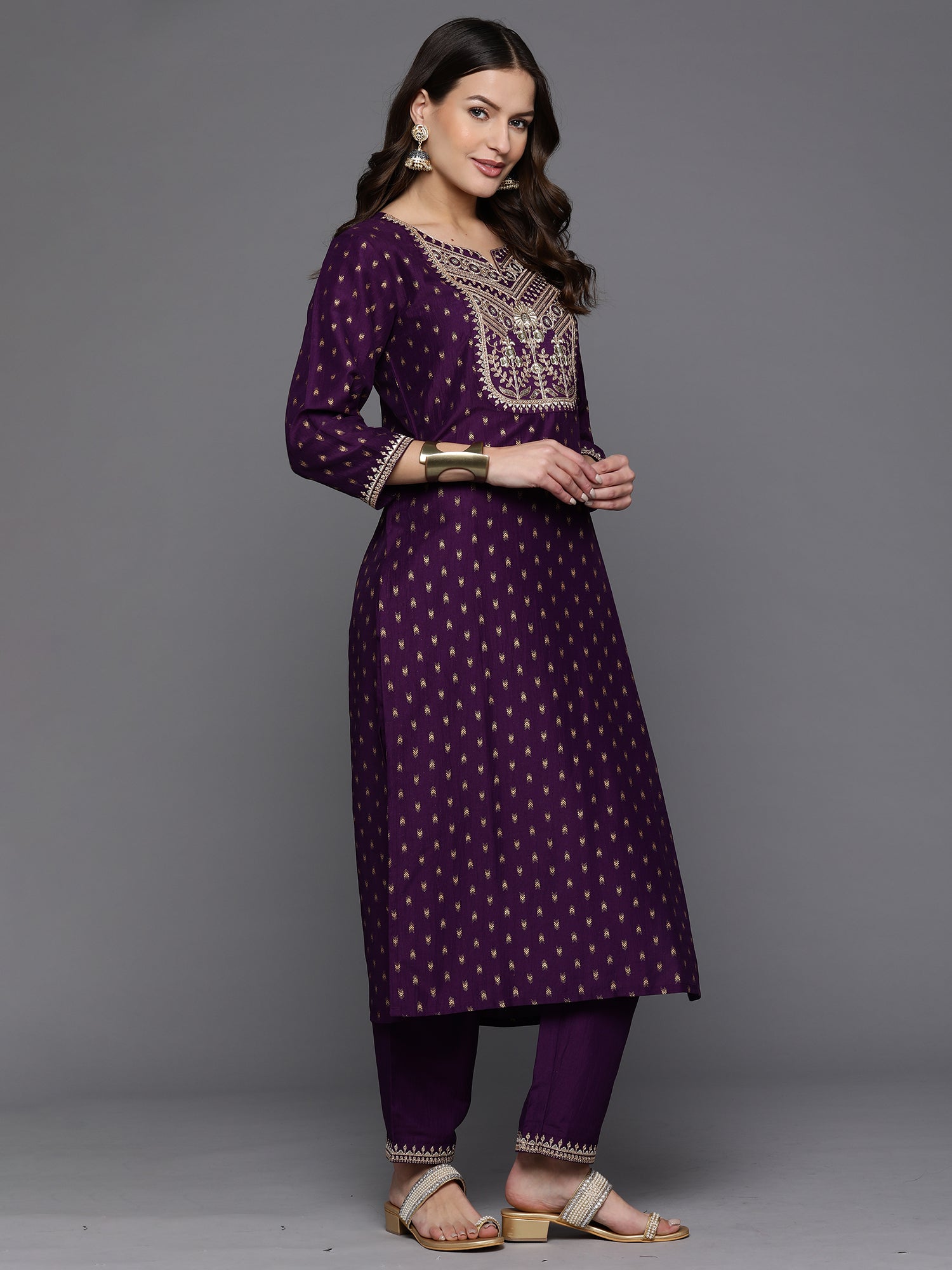 Purple Embroidered Straight Kurta Trousers With Dupatta set