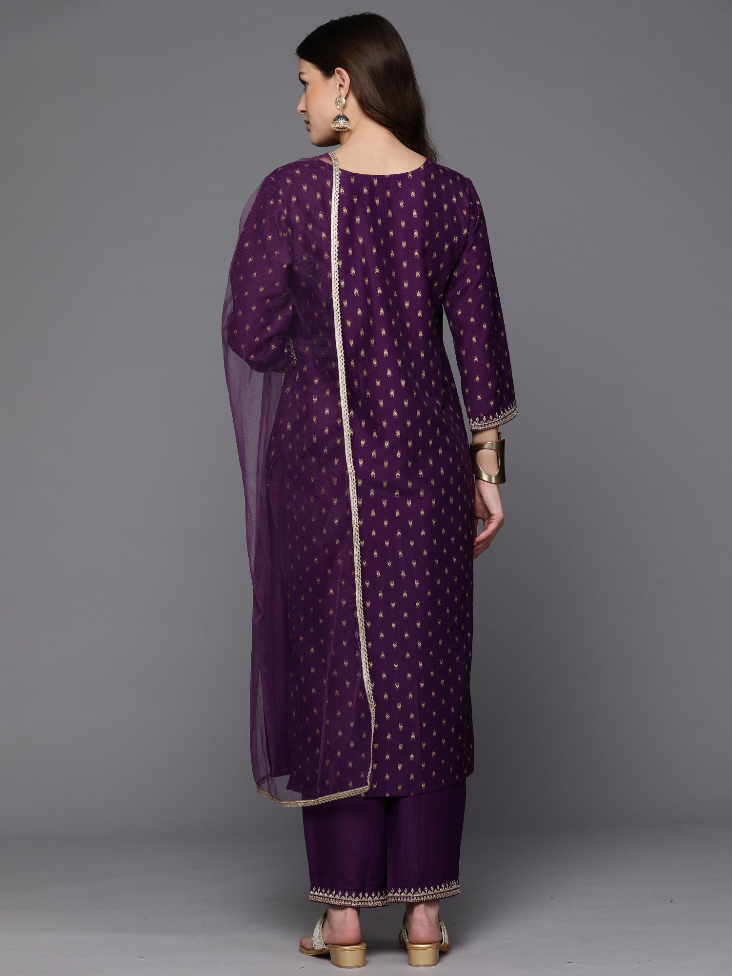 Purple Embroidered Straight Kurta Trousers With Dupatta set