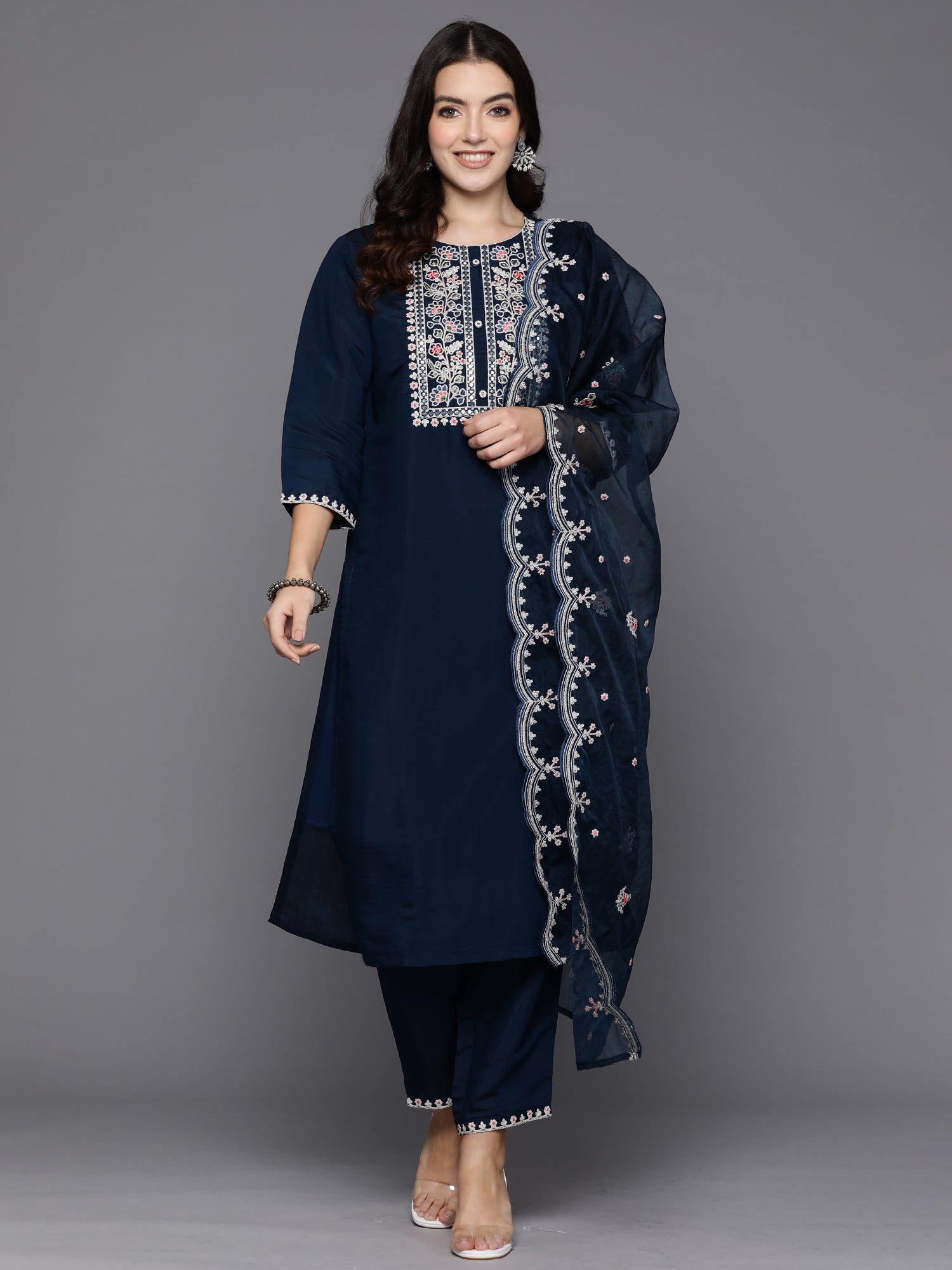 Teal Embroidered Straight Kurta Trousers With Dupatta Set