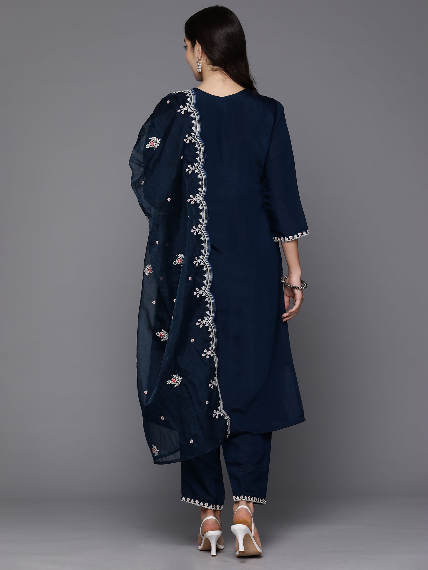 Teal Embroidered Straight Kurta Trousers With Dupatta Set