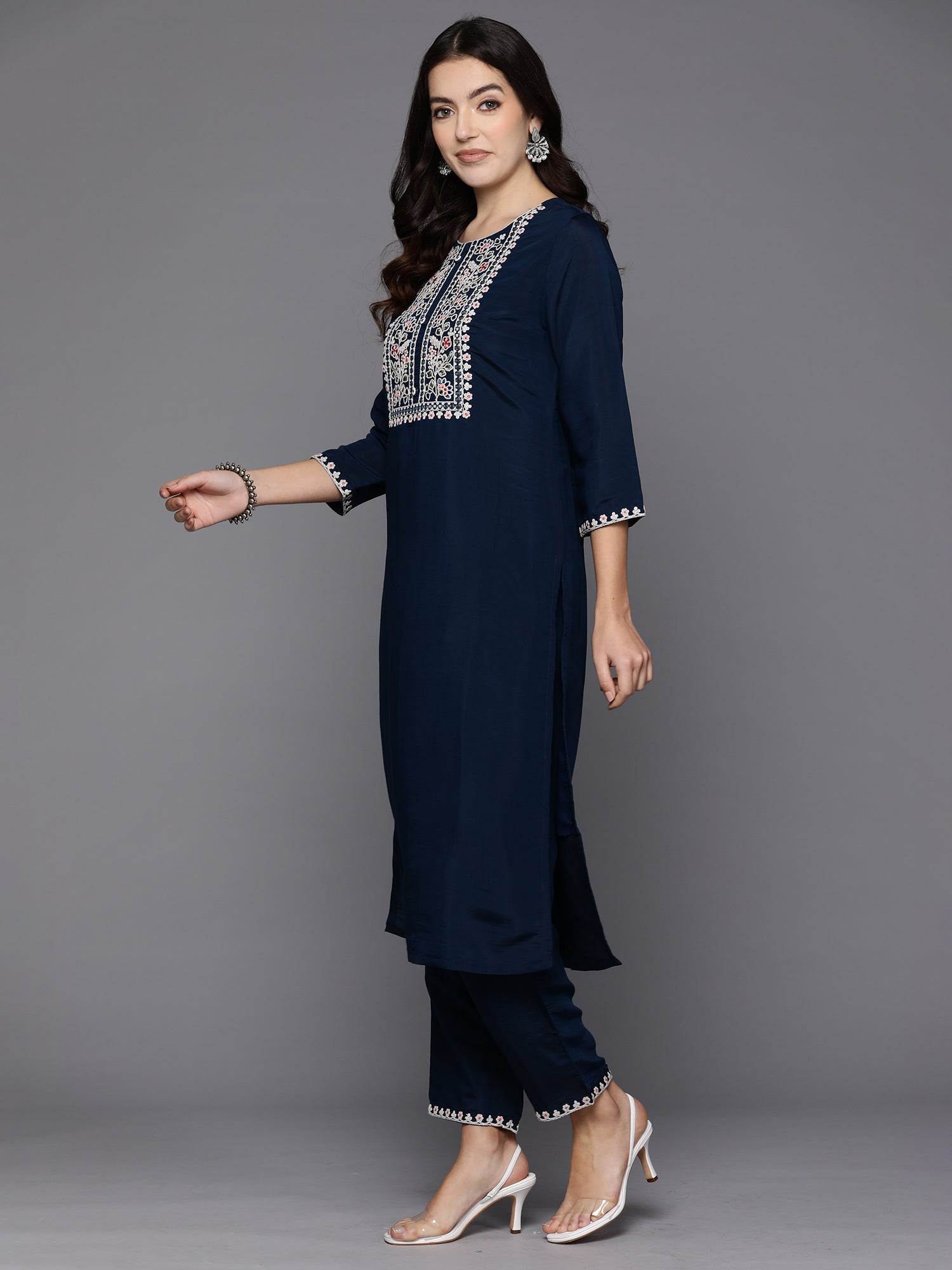 Teal Embroidered Straight Kurta Trousers With Dupatta Set