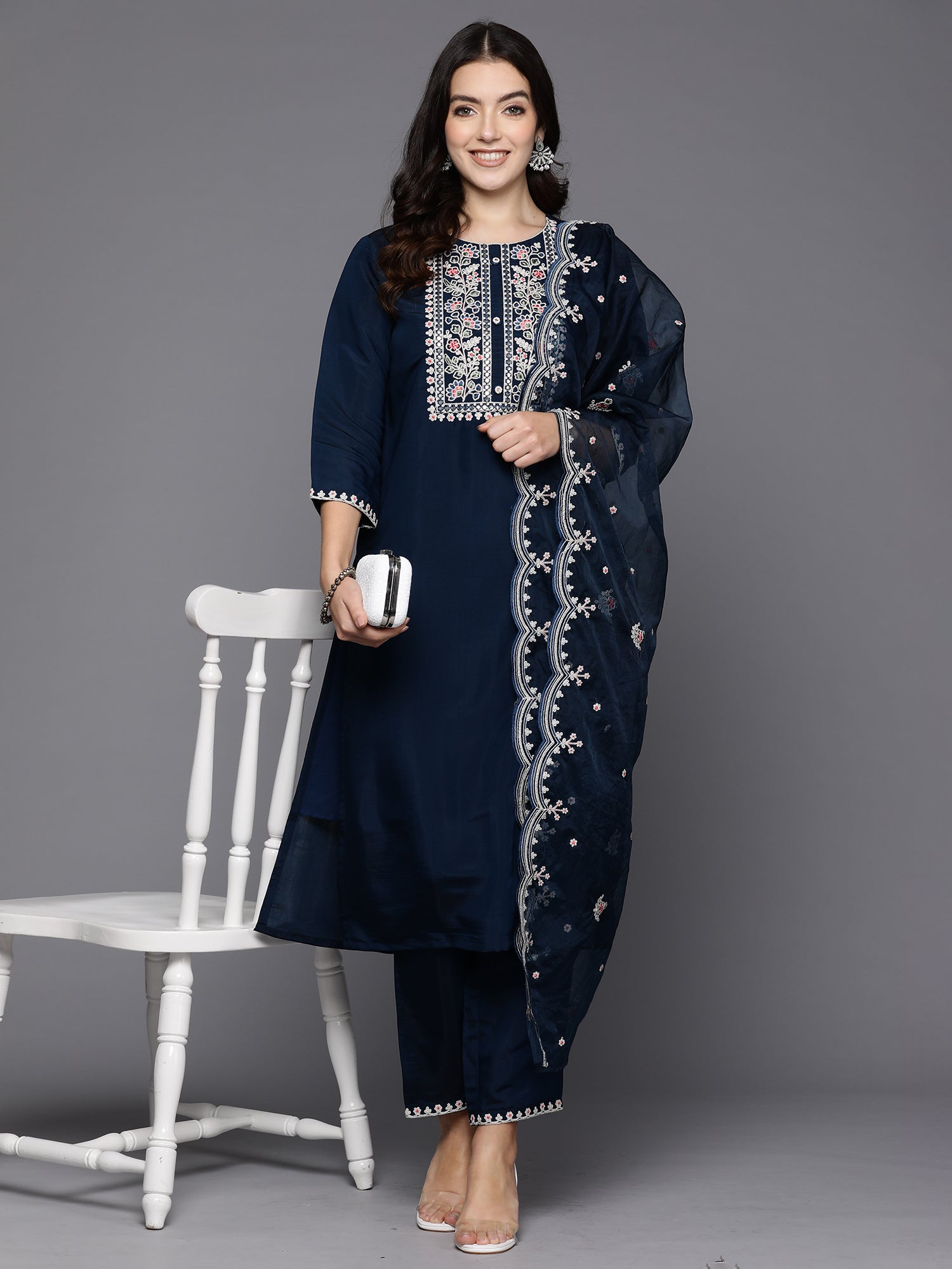 Teal Embroidered Straight Kurta Trousers With Dupatta Set