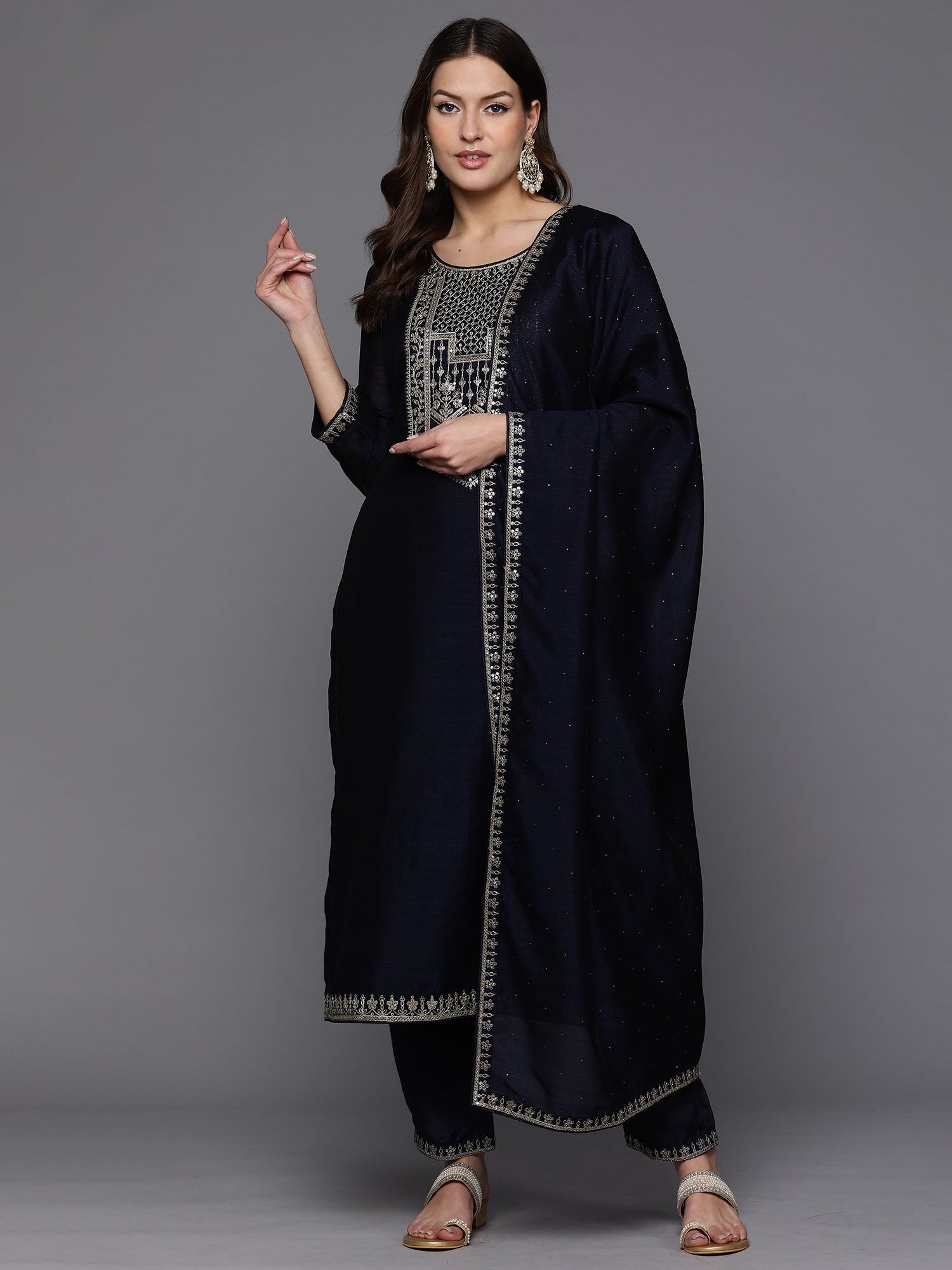 Navy Blue Embroidered Straight Kurta Trousers With Dupatta set