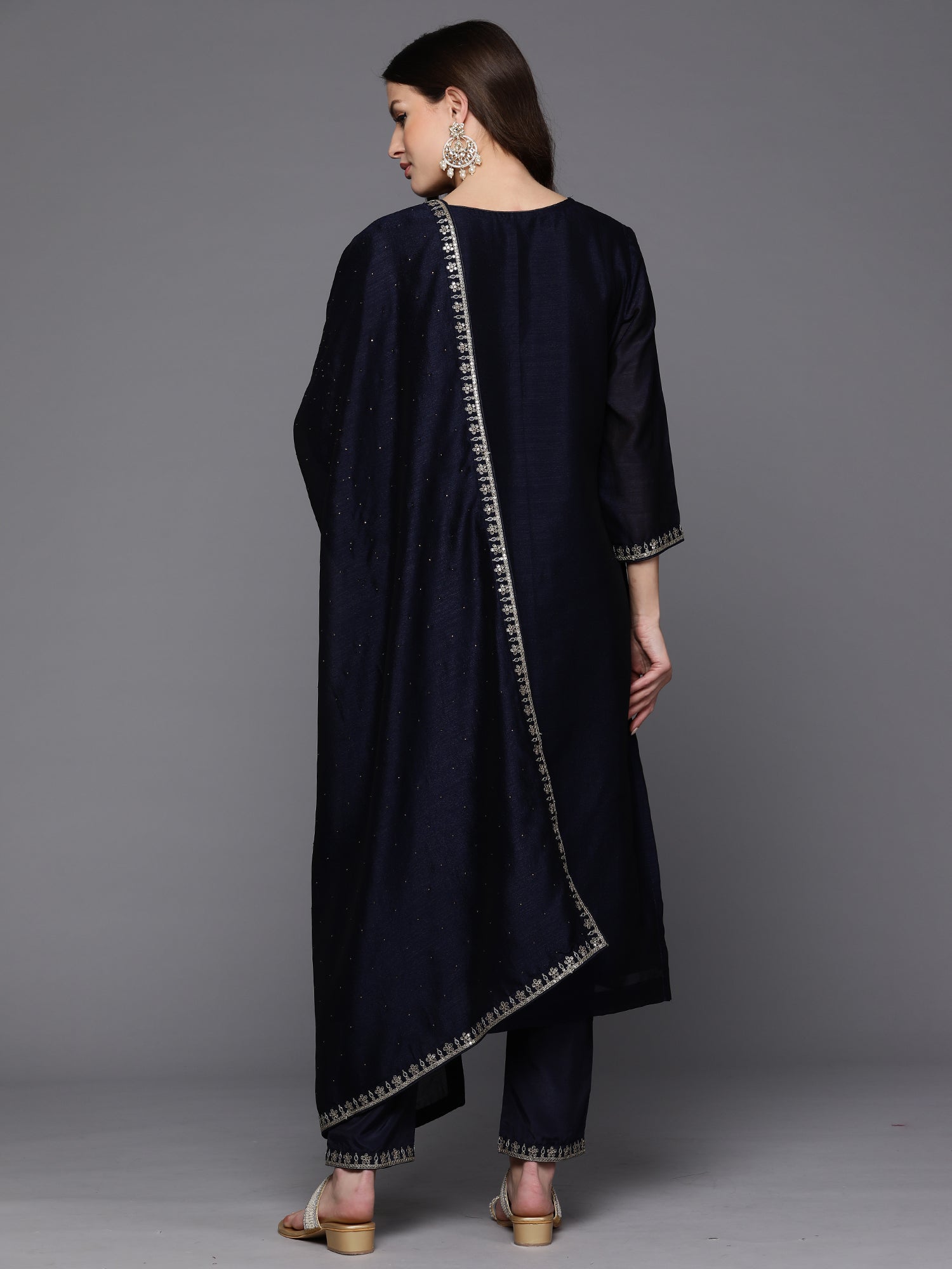 Navy Blue Embroidered Straight Kurta Trousers With Dupatta set