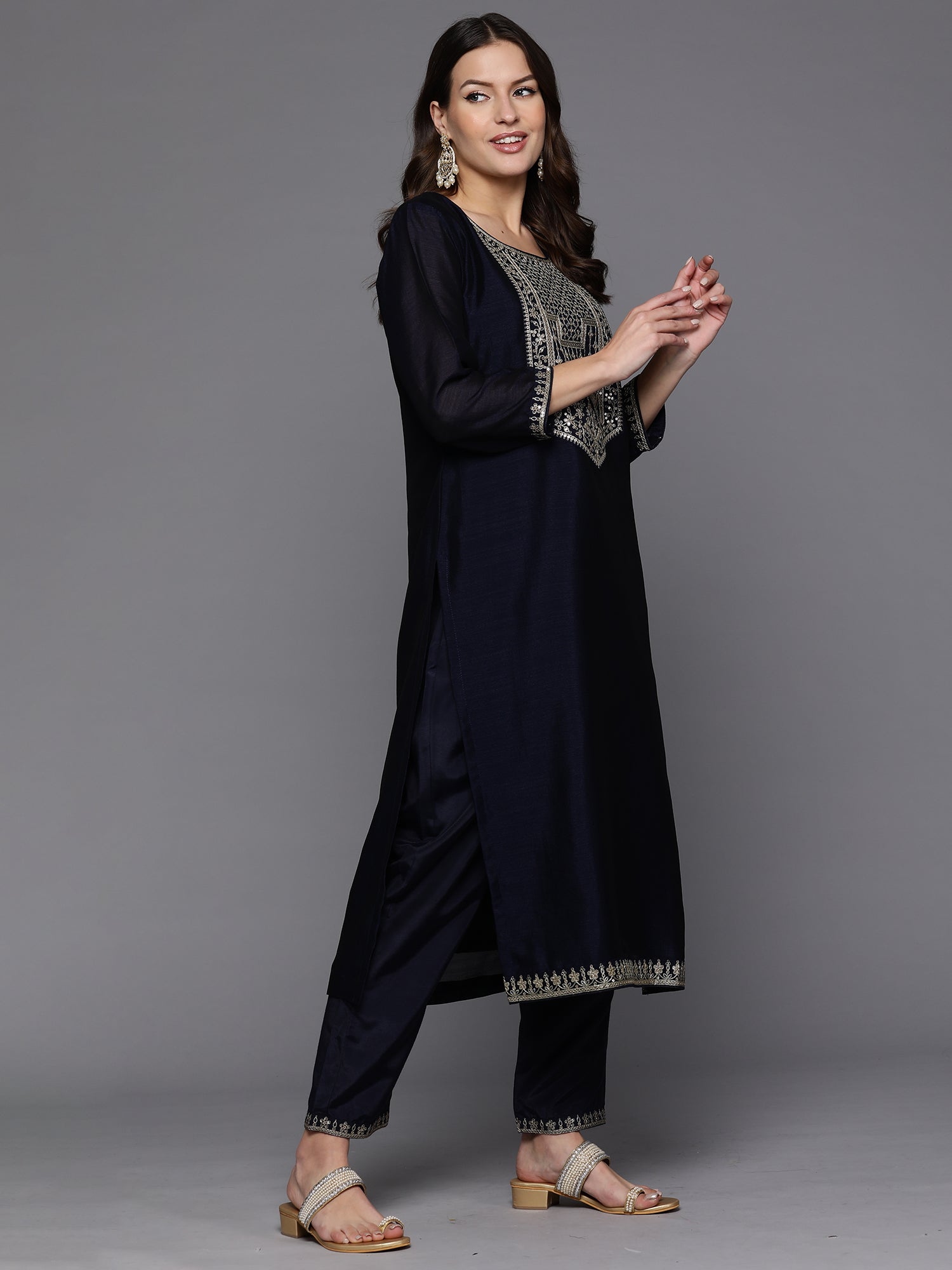 Navy Blue Embroidered Straight Kurta Trousers With Dupatta set