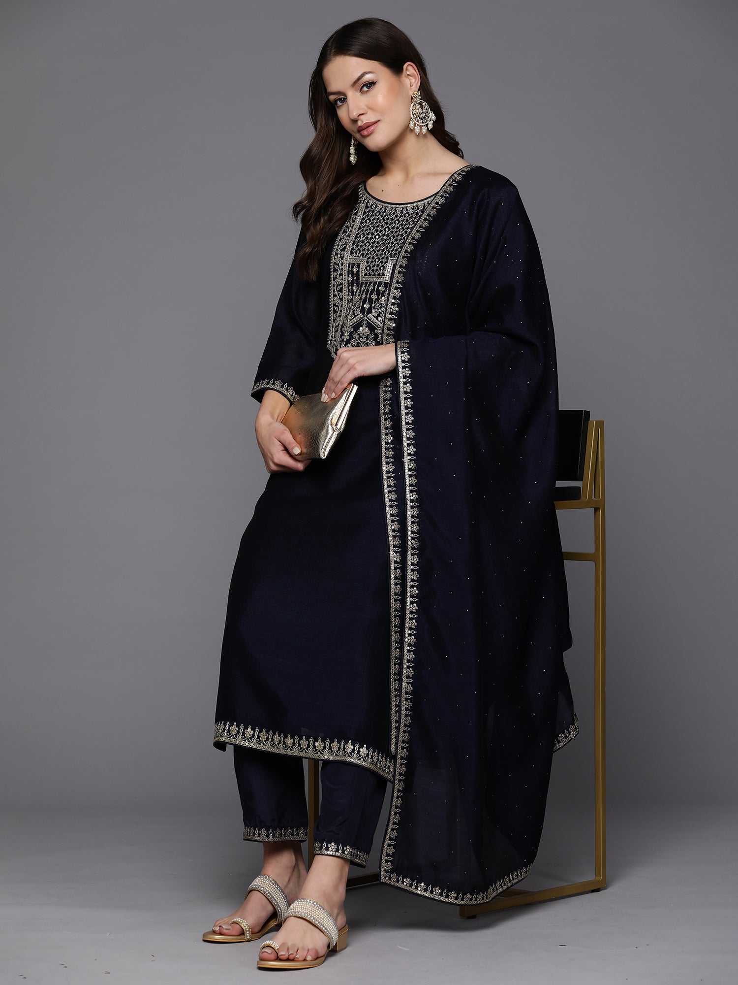 Navy Blue Embroidered Straight Kurta Trousers With Dupatta set