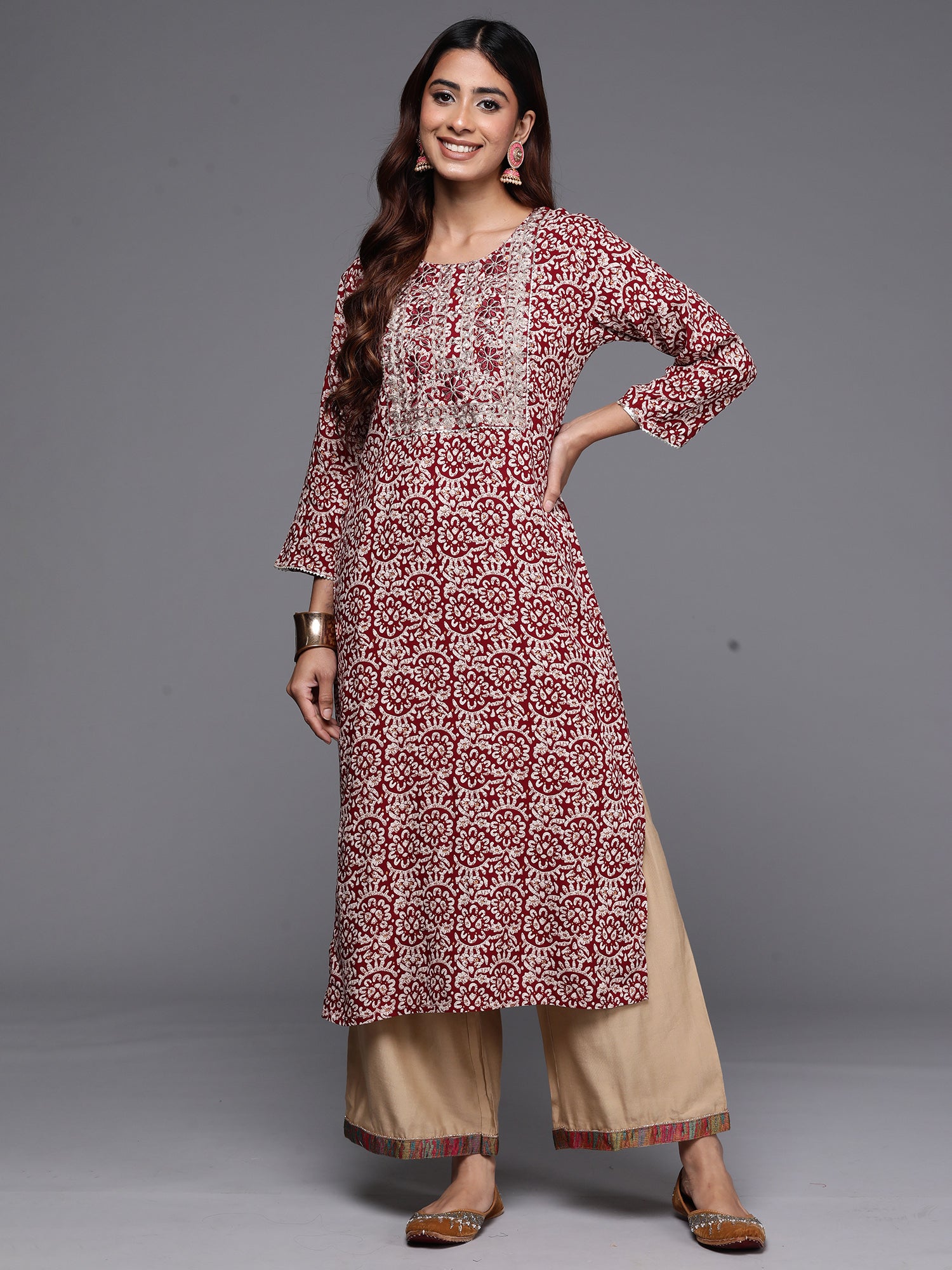 Maroon Printed Straight Kurtas