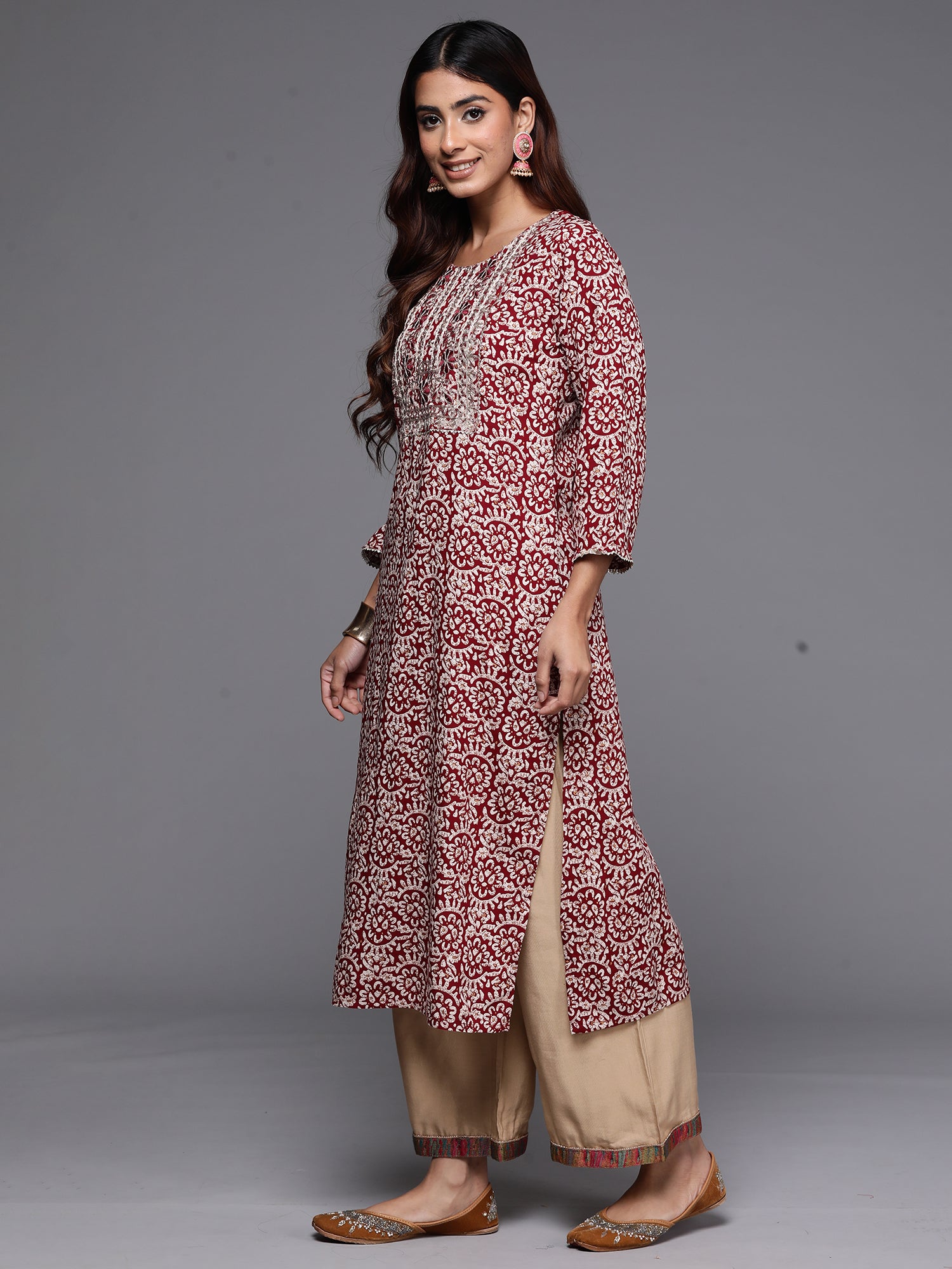 Maroon Printed Straight Kurtas