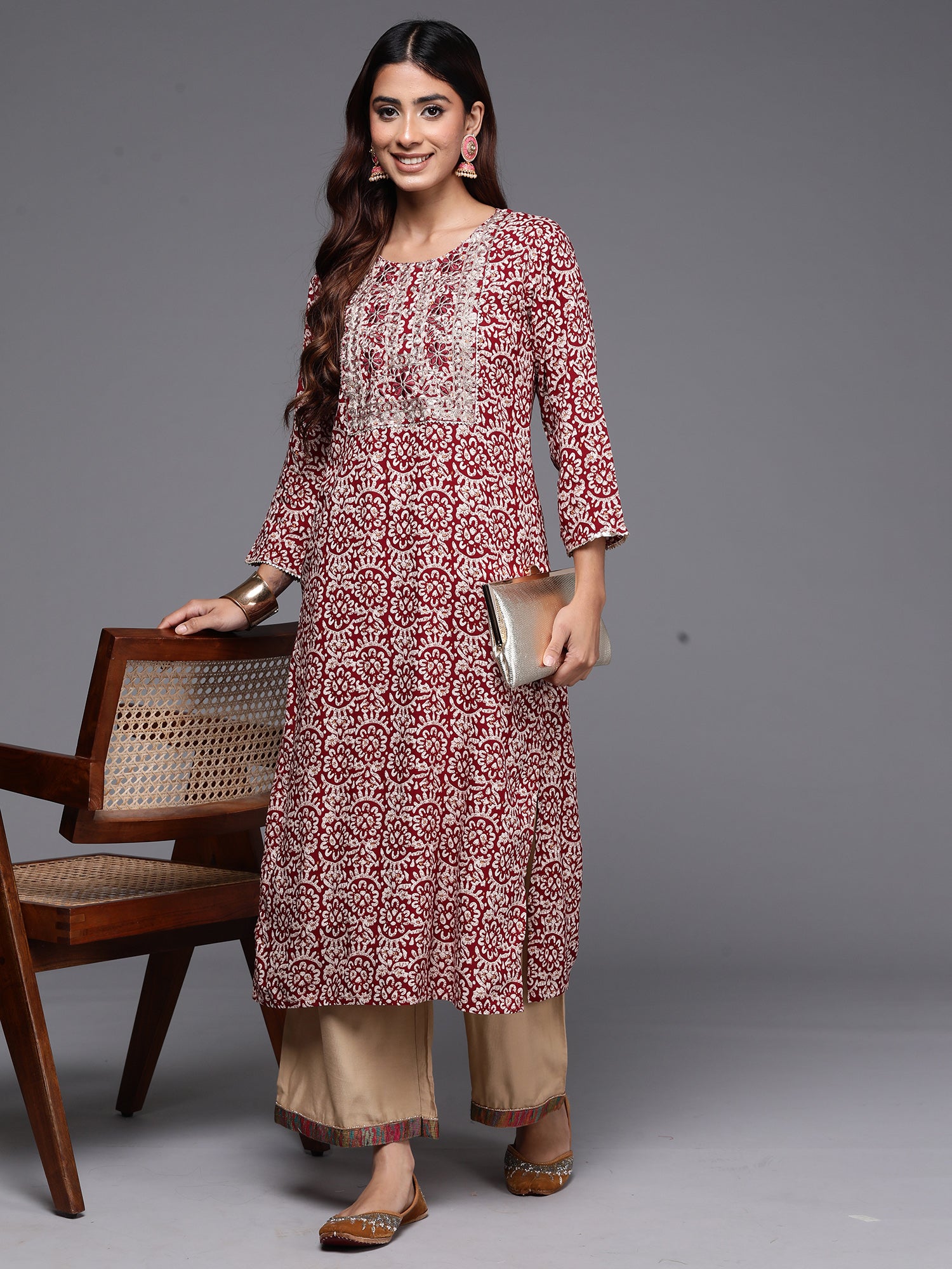 Maroon Printed Straight Kurtas