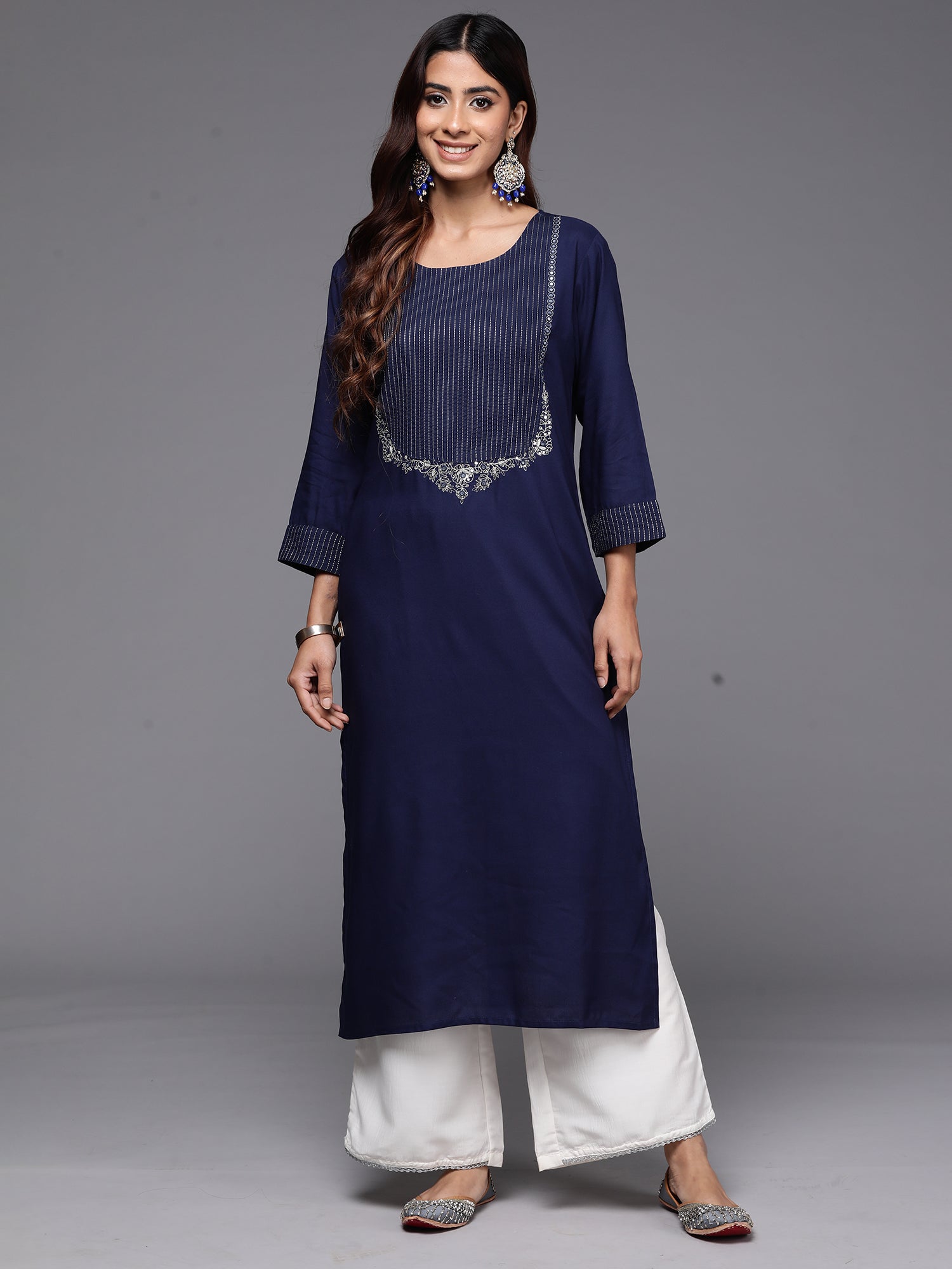 Navy Blue Embroidered Straight Kurtas