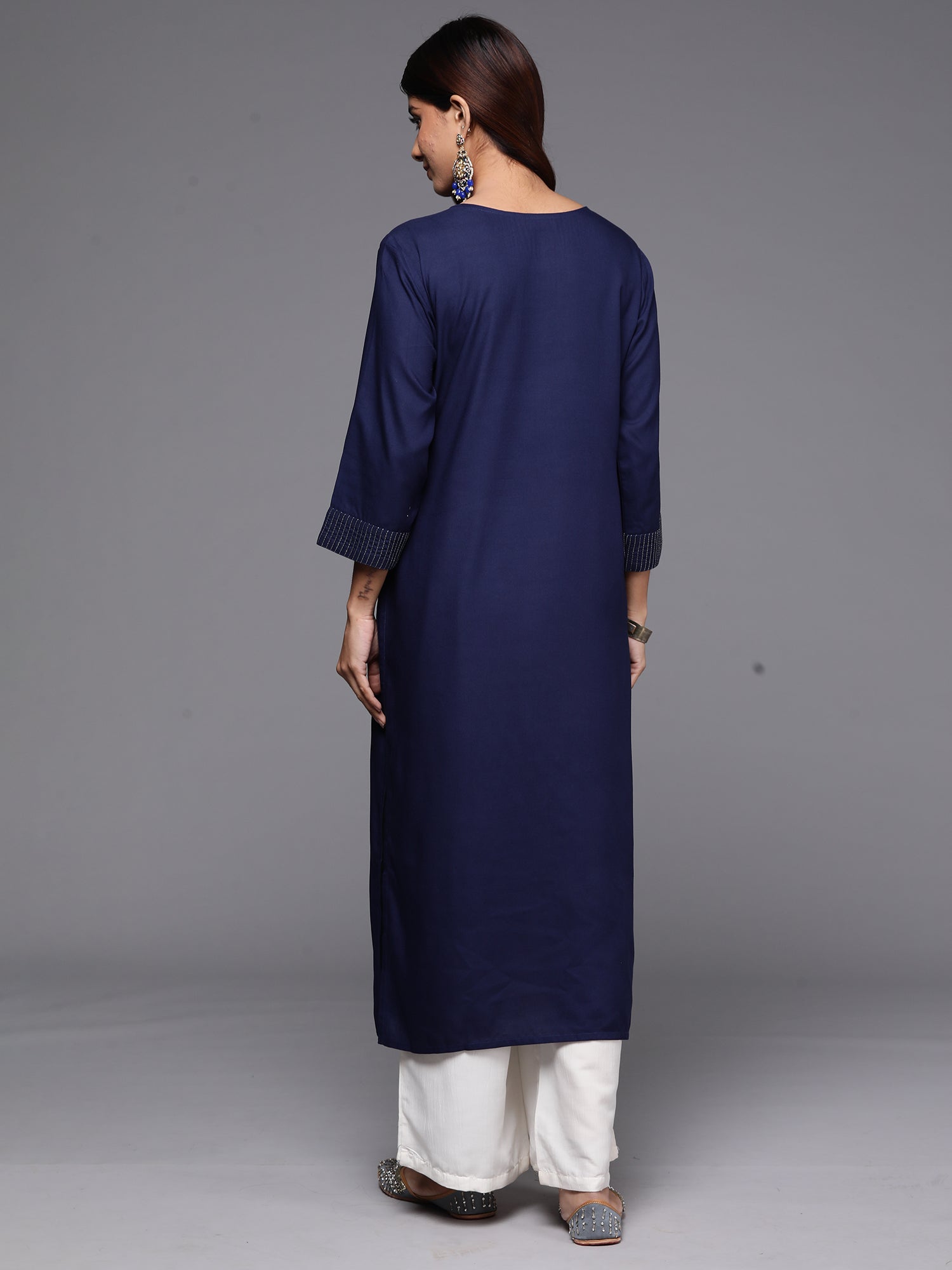 Navy Blue Embroidered Straight Kurtas