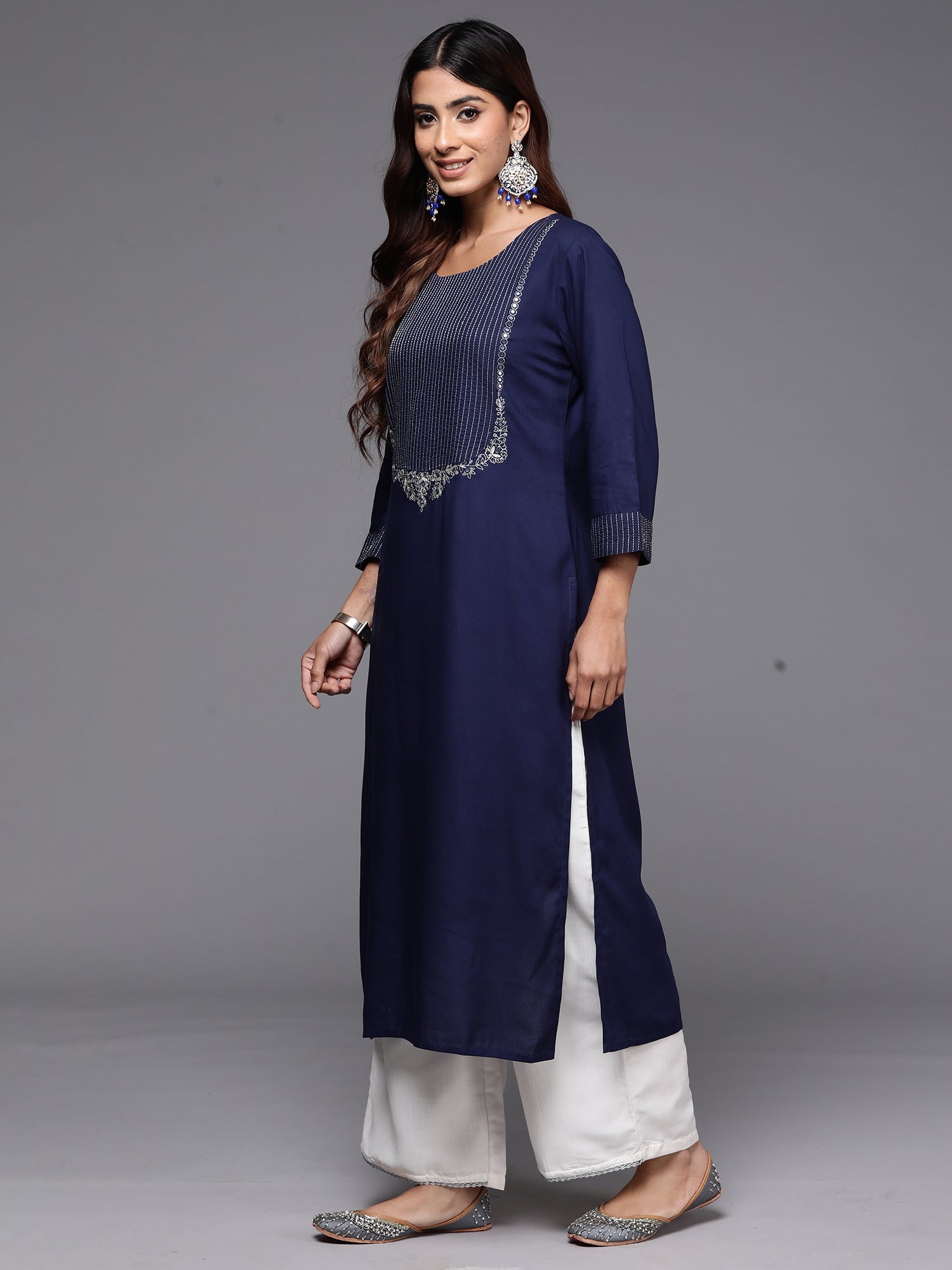 Navy Blue Embroidered Straight Kurtas