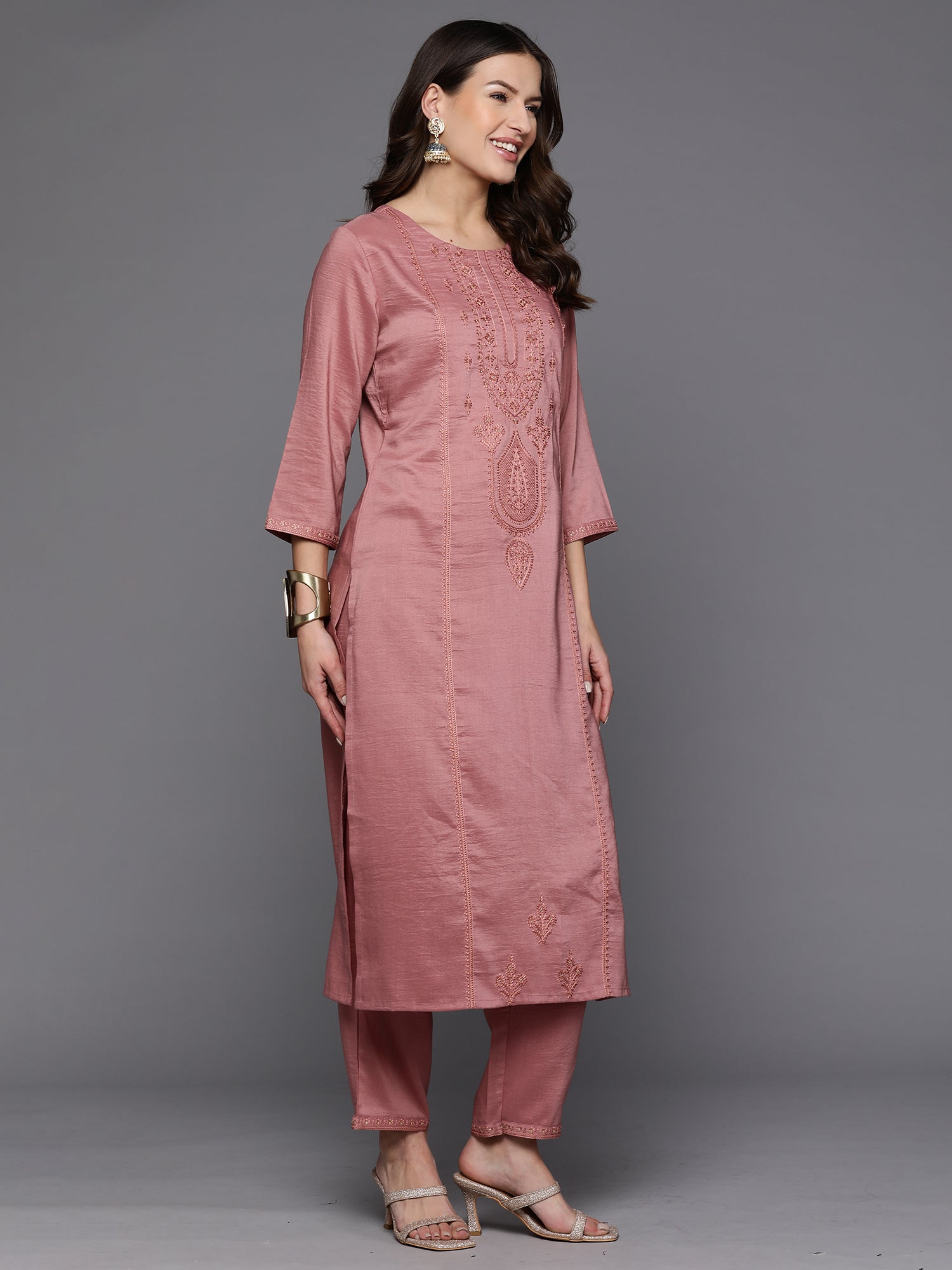 Mauve Embroidered Straight Kurta Trousers With Dupatta Set