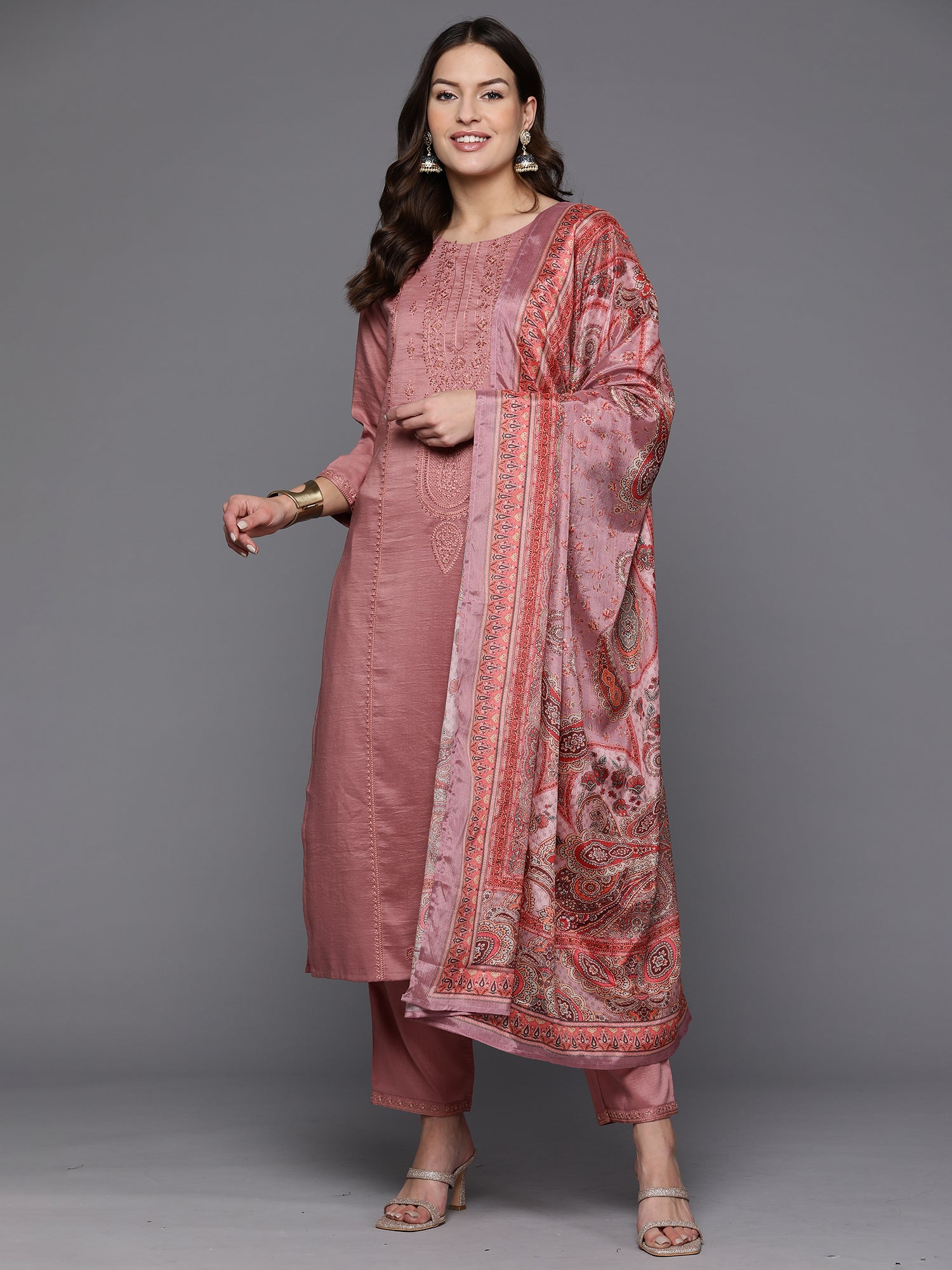Mauve Embroidered Straight Kurta Trousers With Dupatta Set