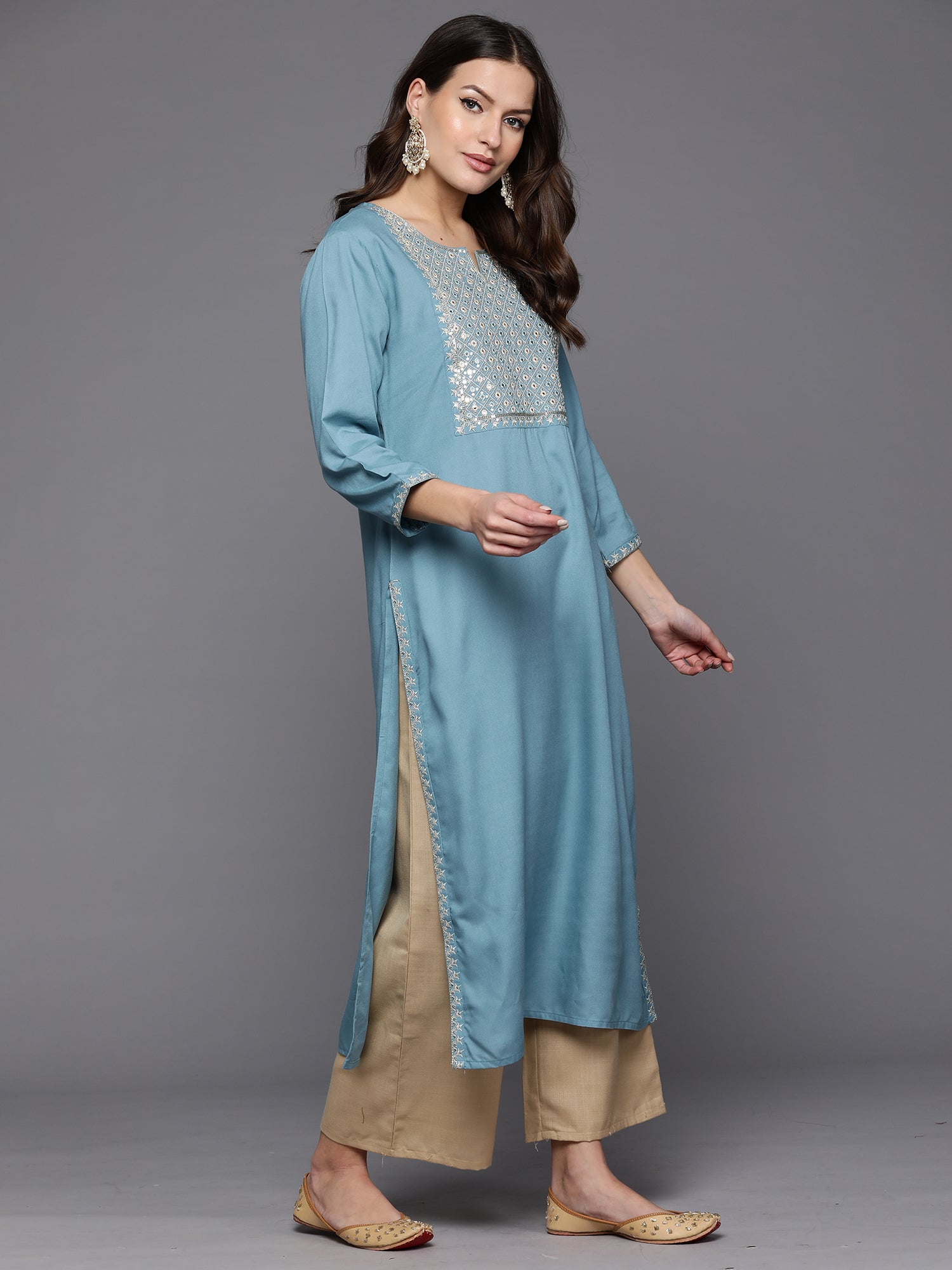 Blue Embroidered Straight Kurtas