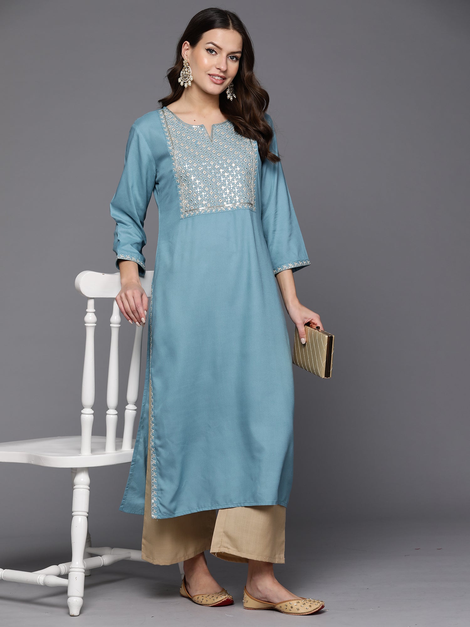 Blue Embroidered Straight Kurtas