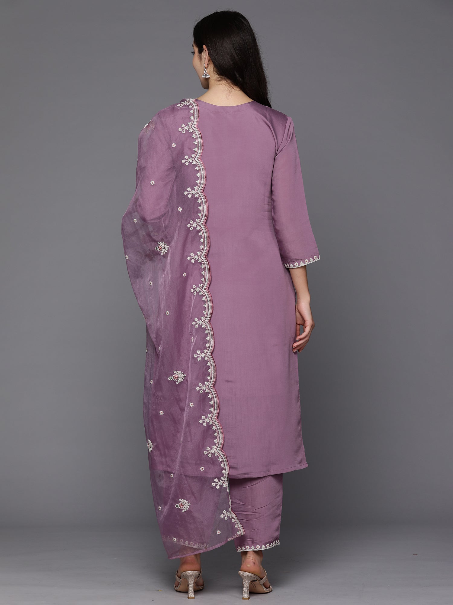 Lavender Embroidered Straight Kurta Trousers With Dupatta Set