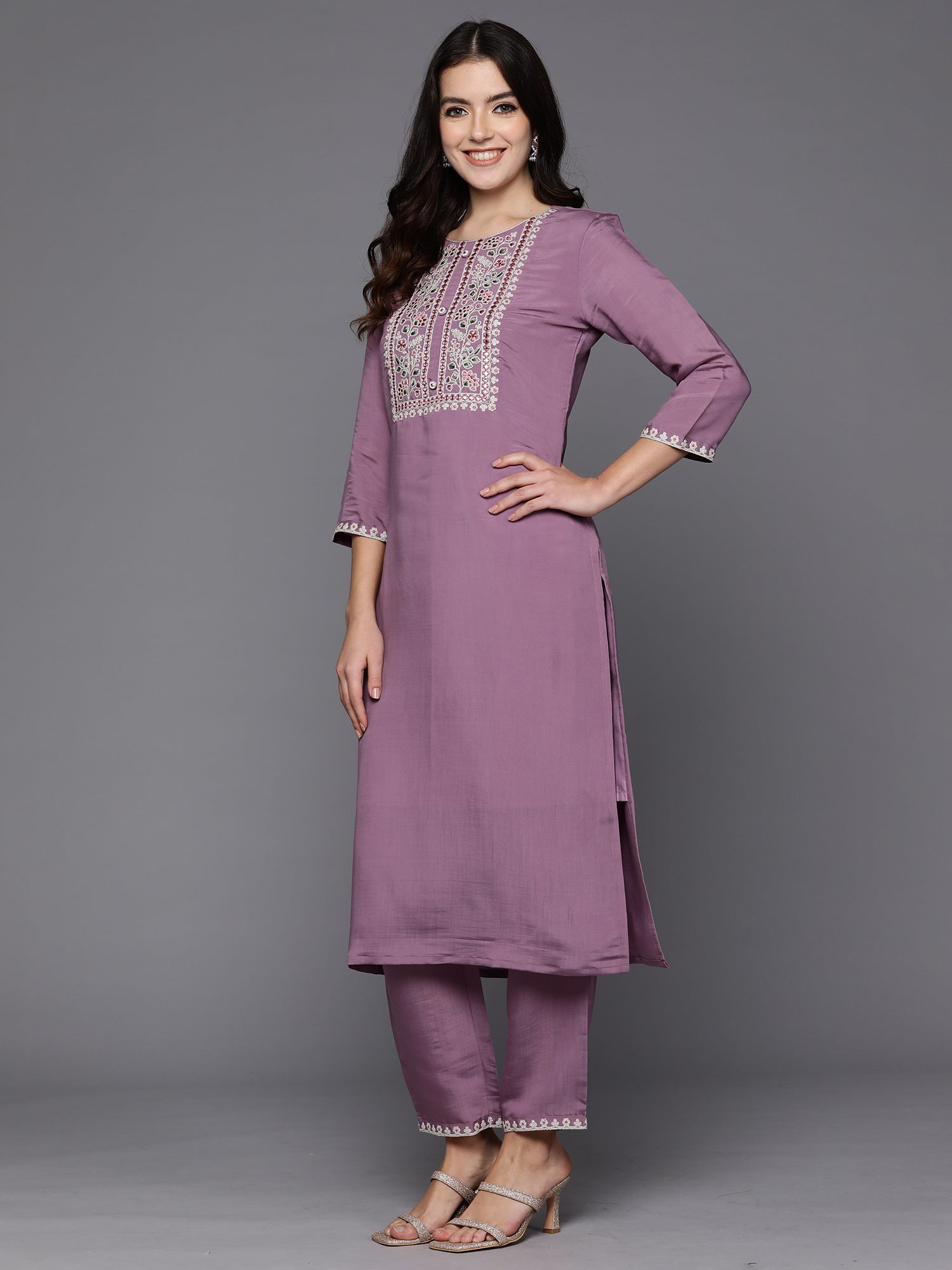 Lavender Embroidered Straight Kurta Trousers With Dupatta Set