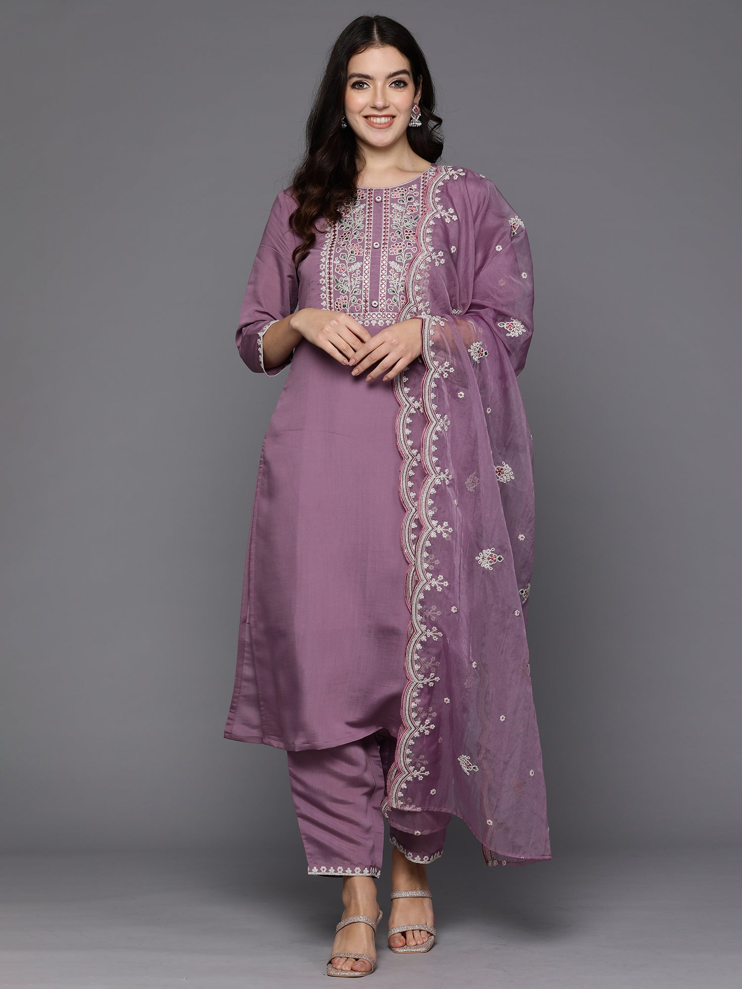 Lavender Embroidered Straight Kurta Trousers With Dupatta Set