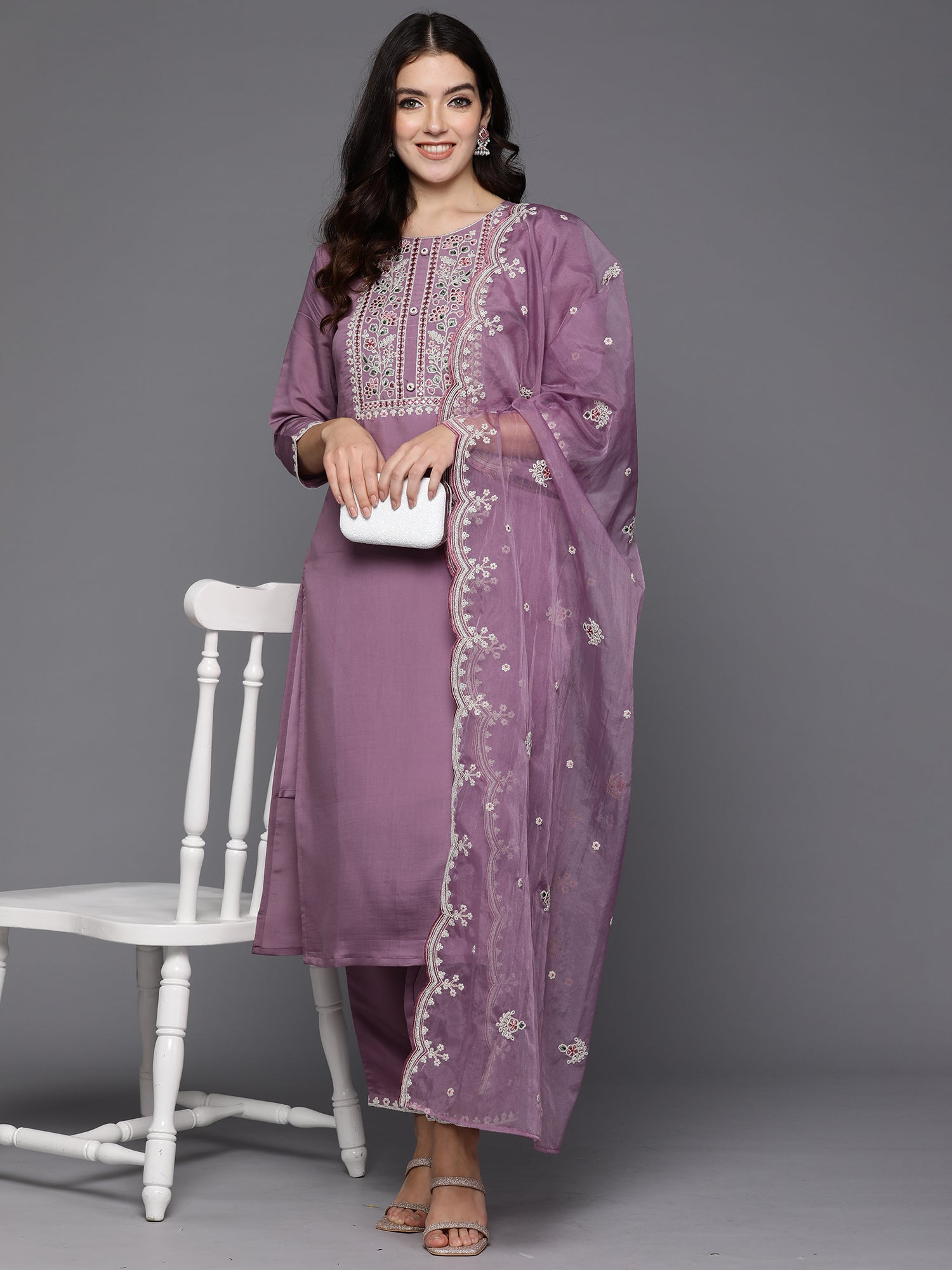 Lavender Embroidered Straight Kurta Trousers With Dupatta Set