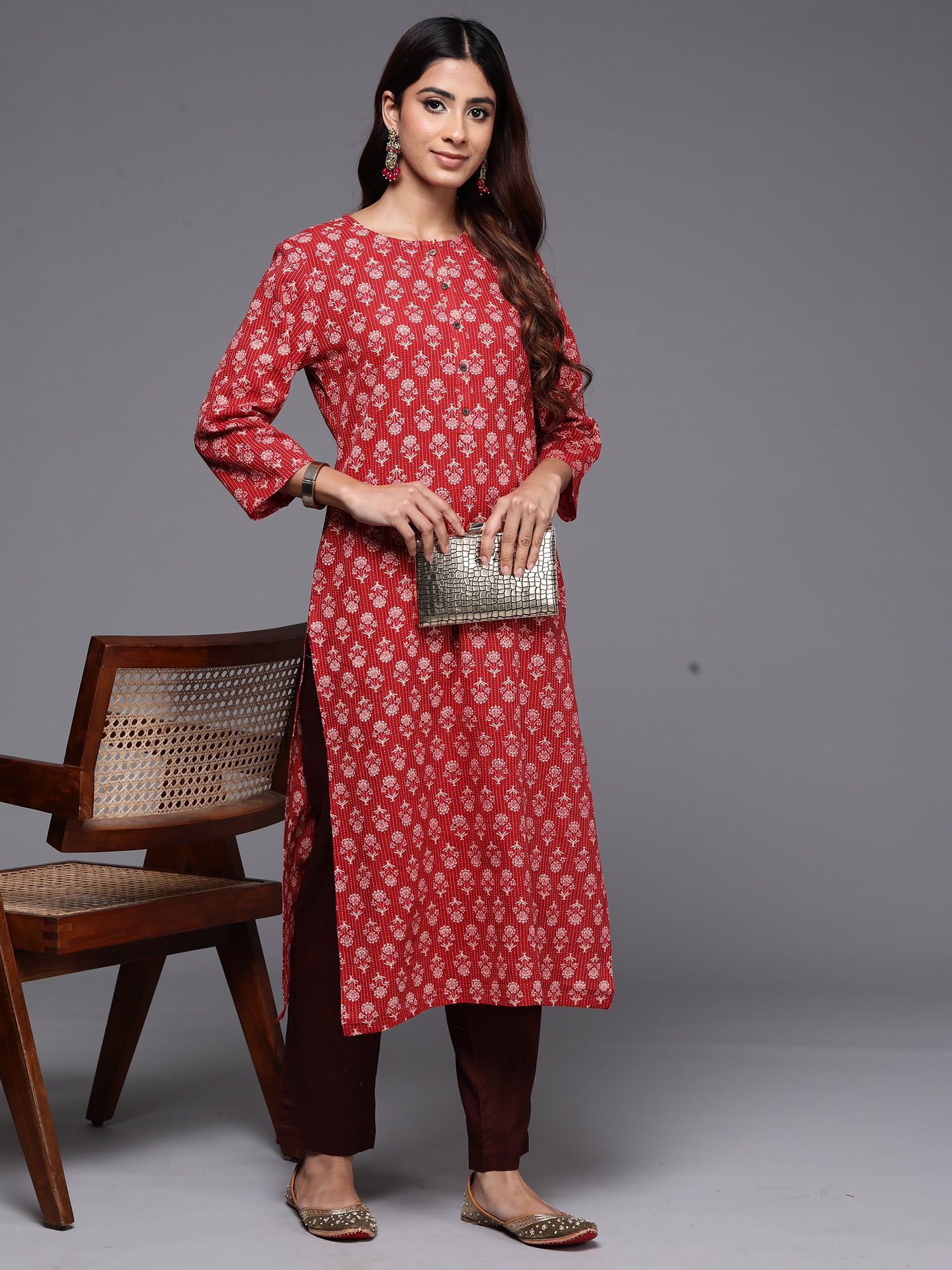 Red Printed Straight Kurtas