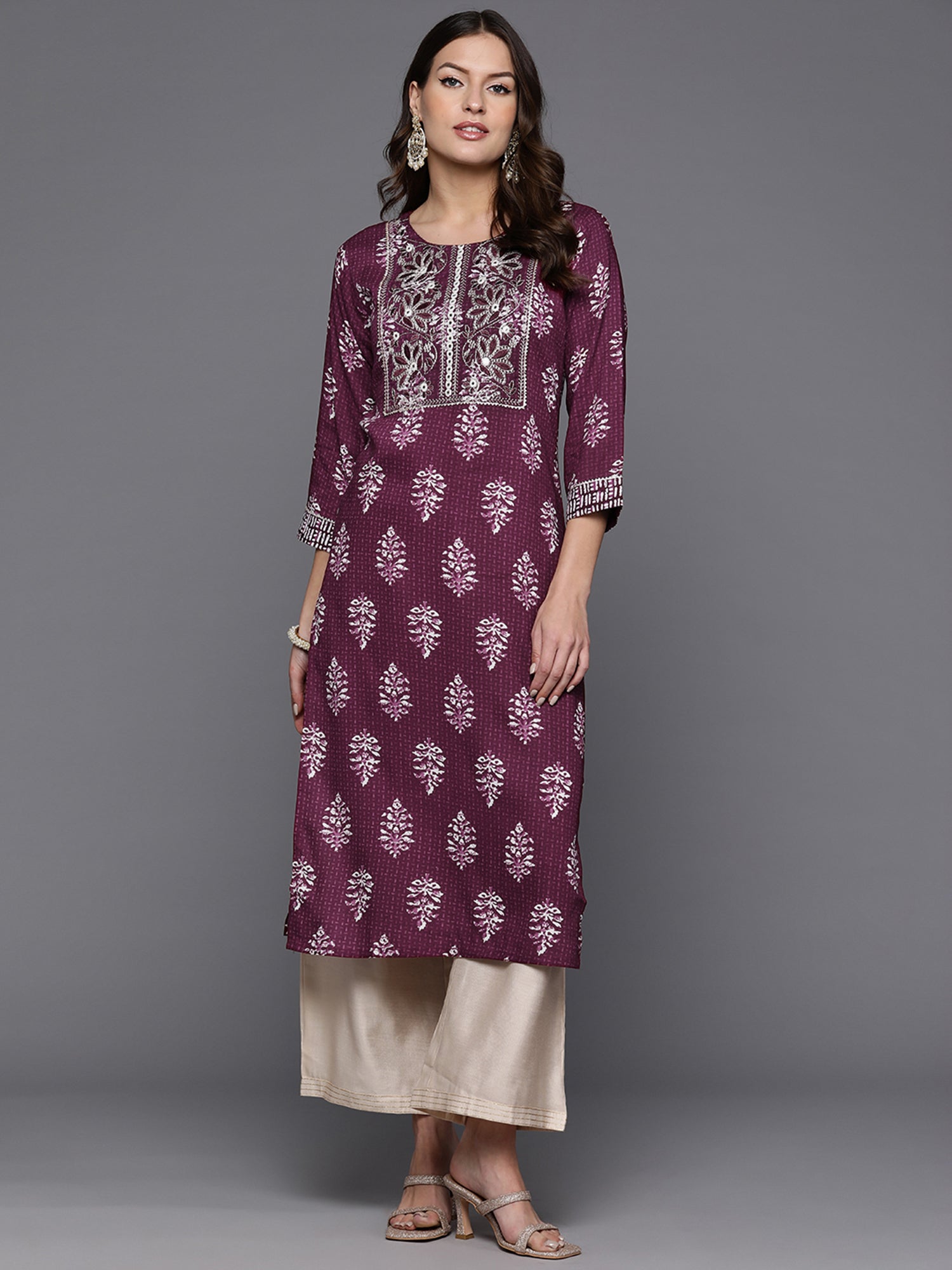 Burgundy Printed Straight Kurtas