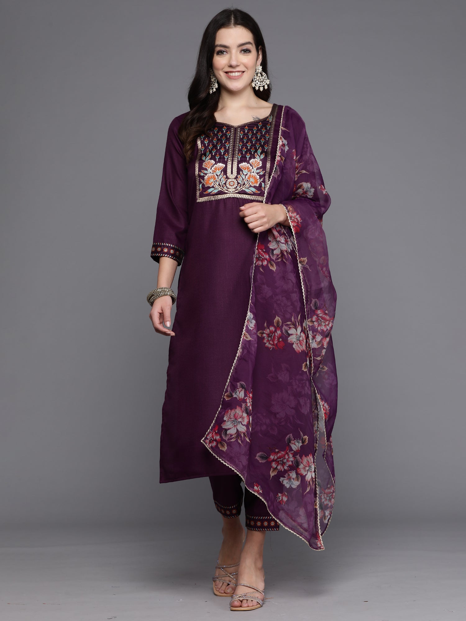 Purple Yoke Design Straight Kurta Trousers With Dupatta Set