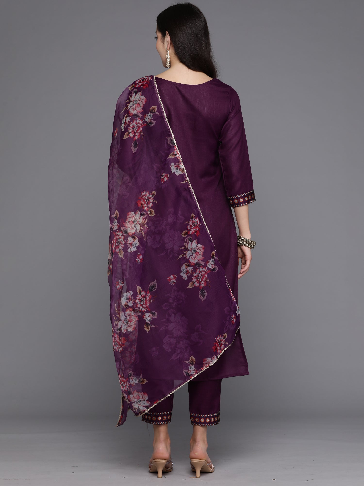 Purple Yoke Design Straight Kurta Trousers With Dupatta Set