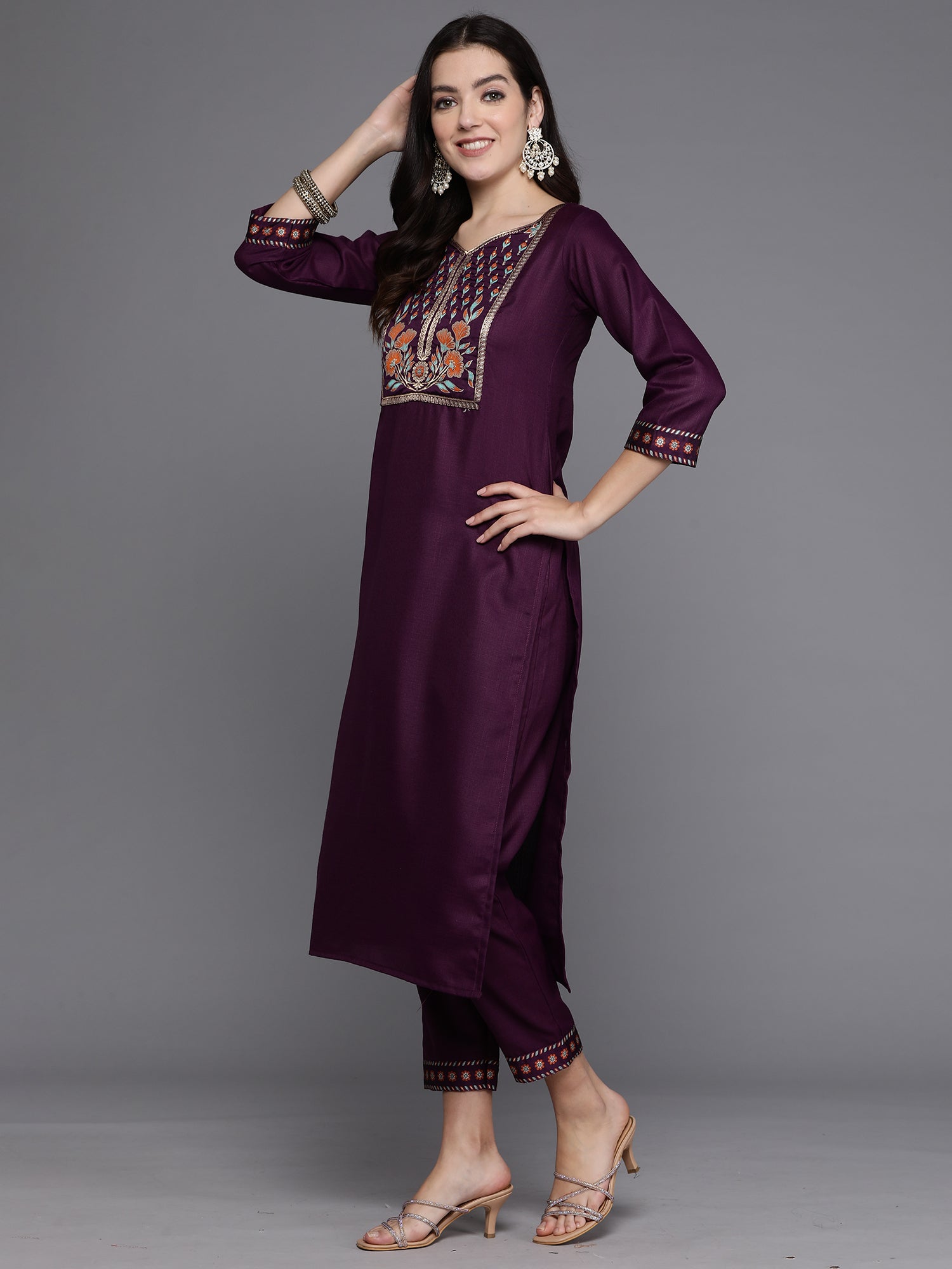 Purple Yoke Design Straight Kurta Trousers With Dupatta Set