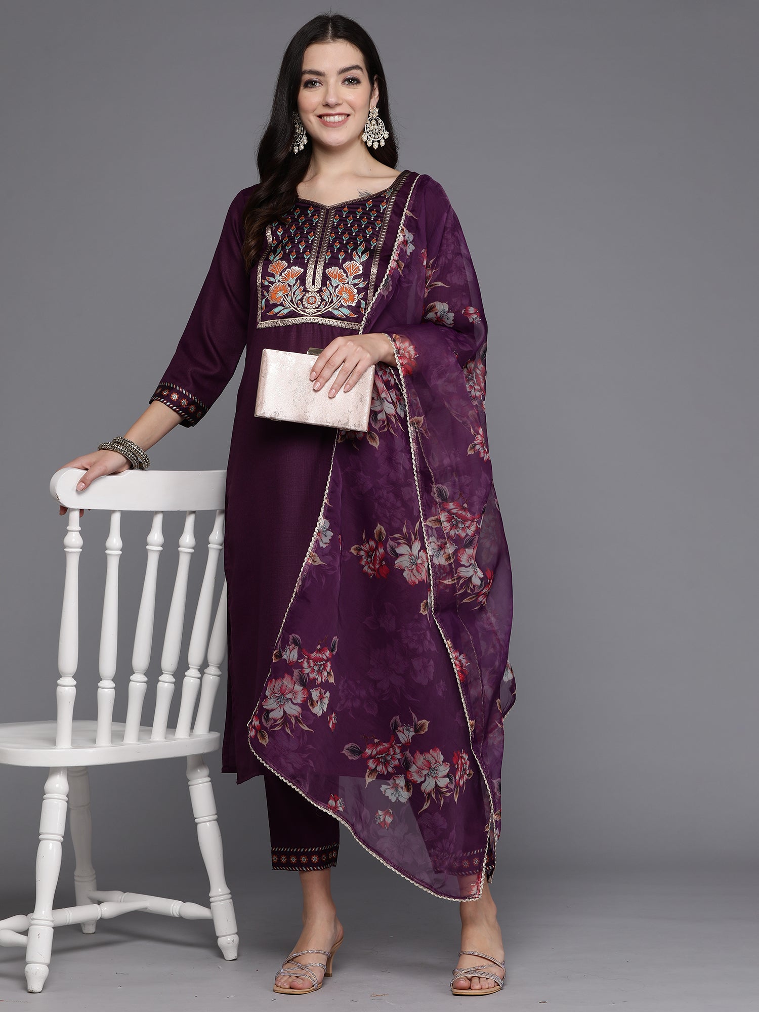 Purple Yoke Design Straight Kurta Trousers With Dupatta Set