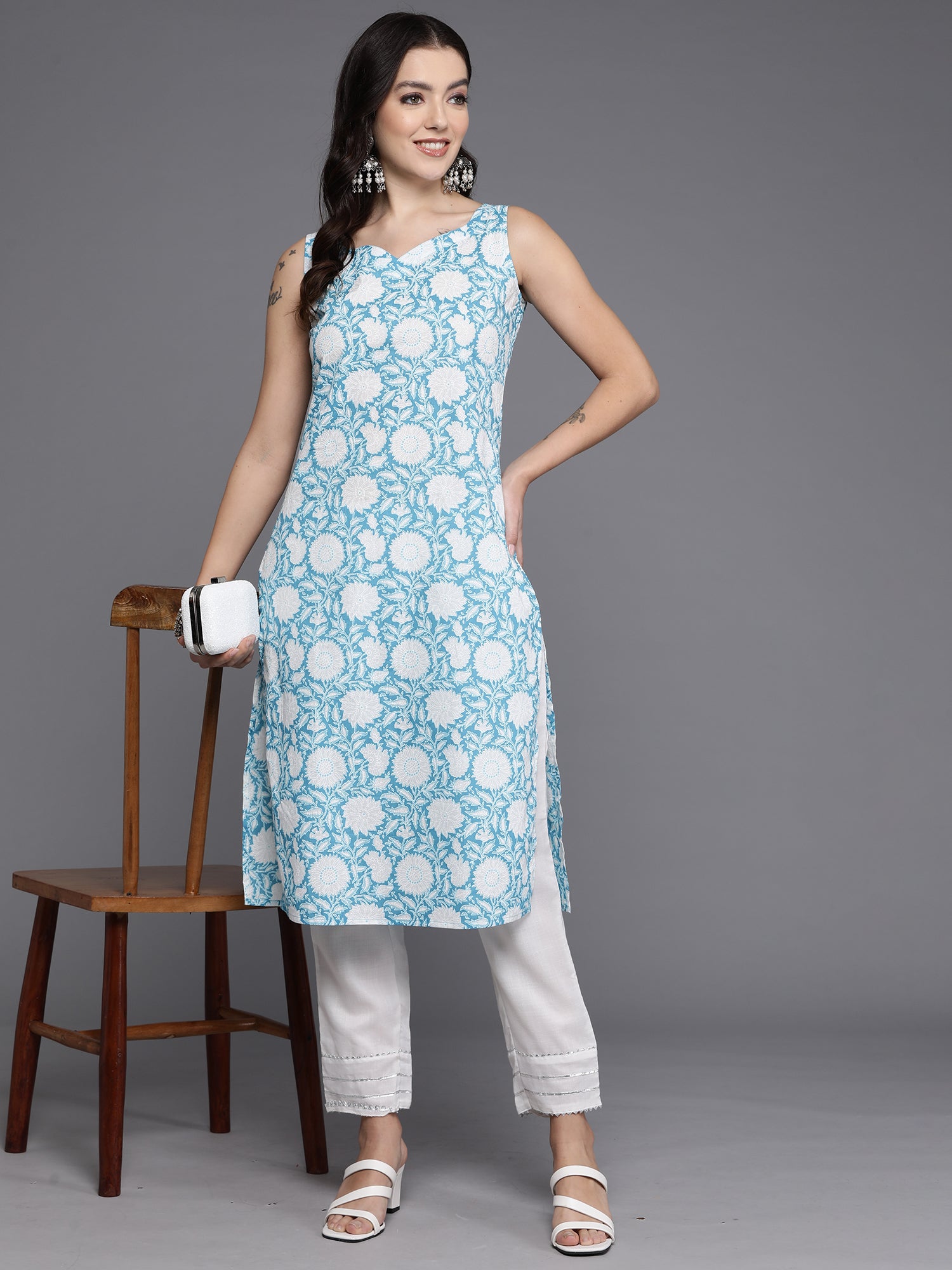 Blue Printed Straight Kurtas