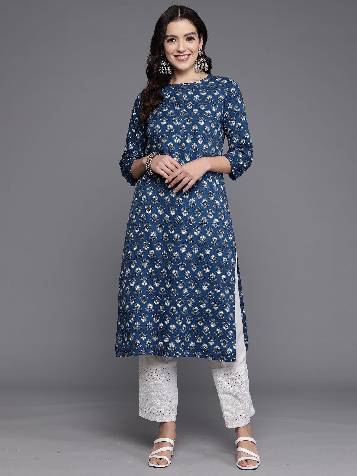 Navy Blue Printed Straight Kurtas