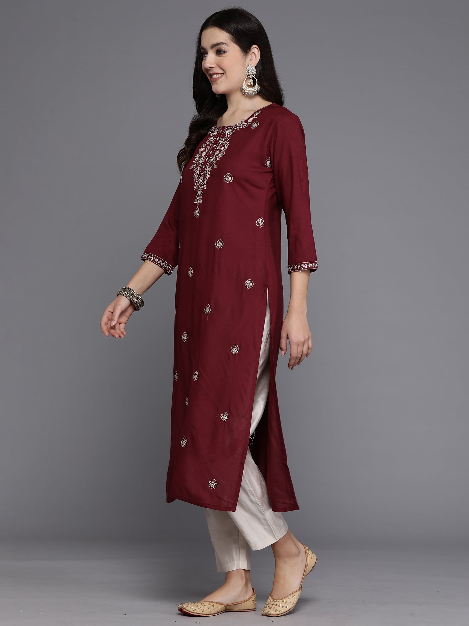 Burgundy Embroidered Straight Kurtas