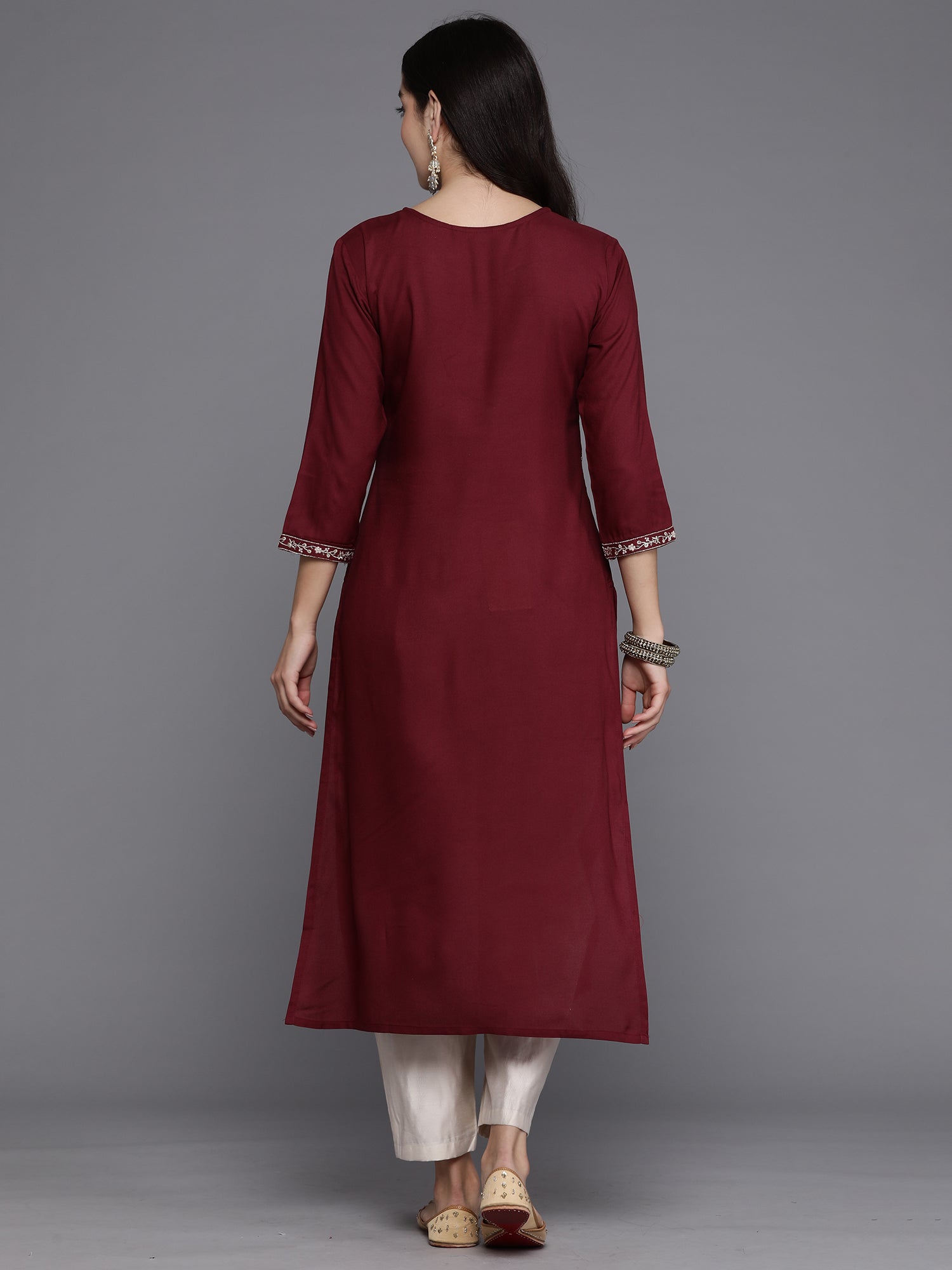 Burgundy Embroidered Straight Kurtas