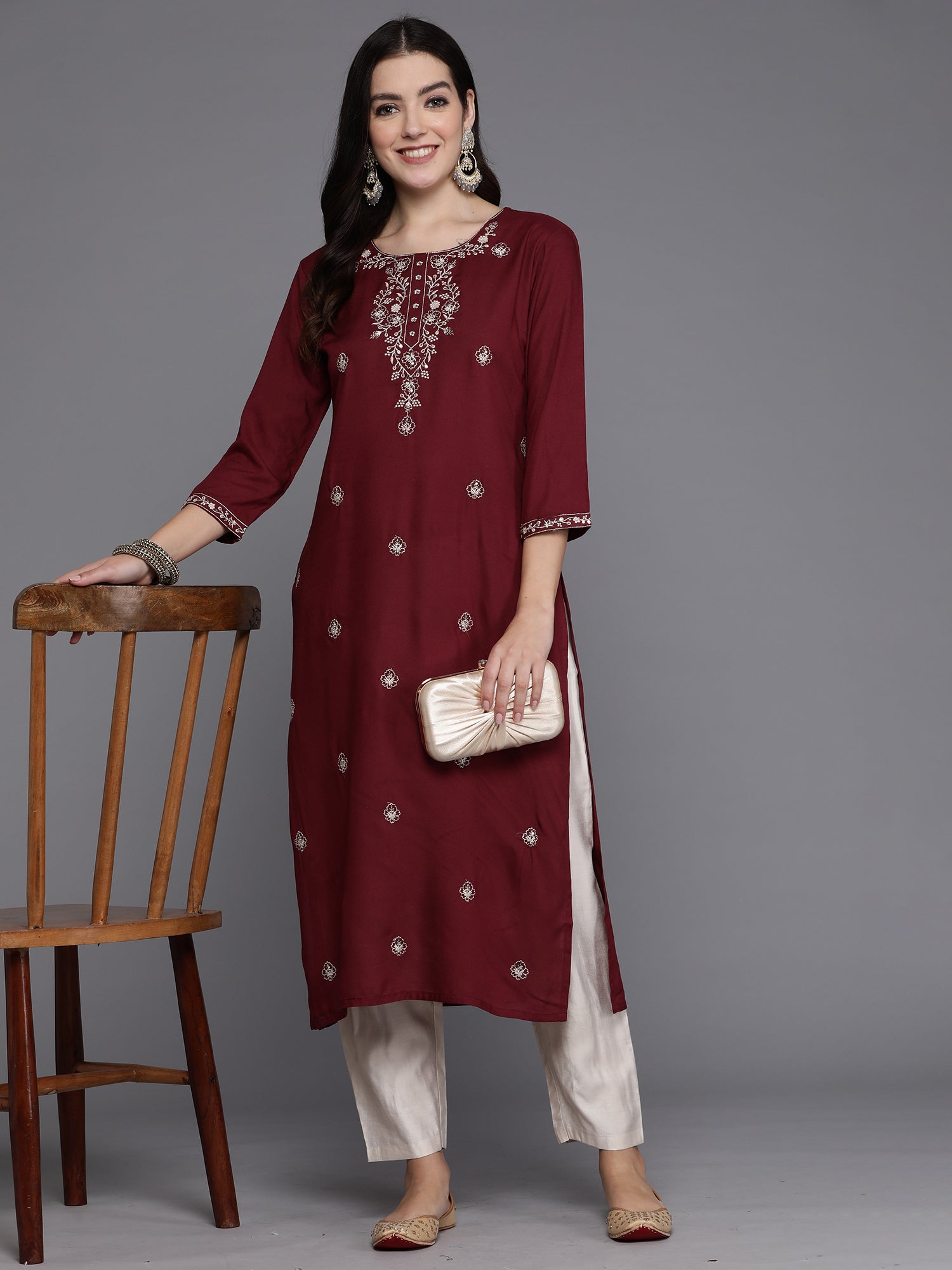 Burgundy Embroidered Straight Kurtas