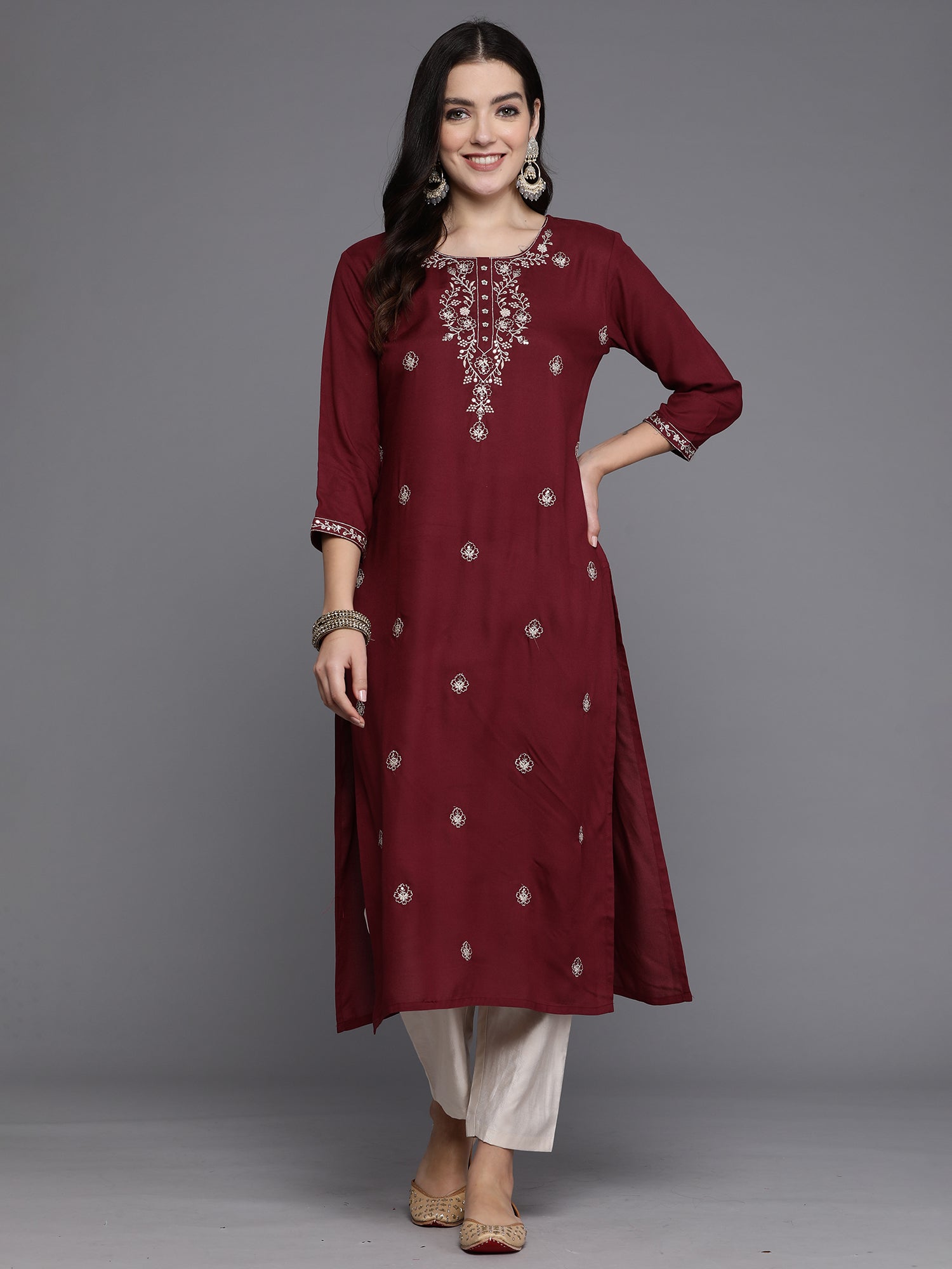 Burgundy Embroidered Straight Kurtas