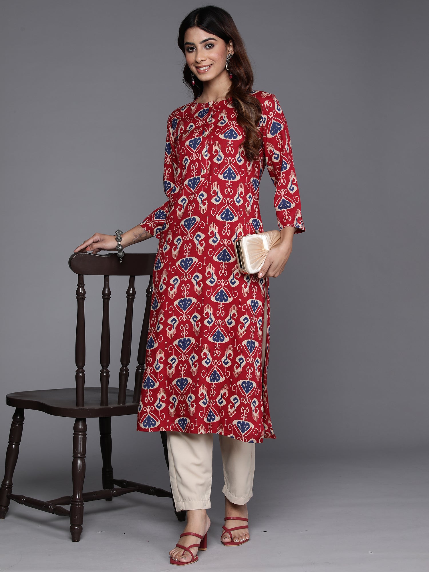 Maroon Printed Straight Kurtas